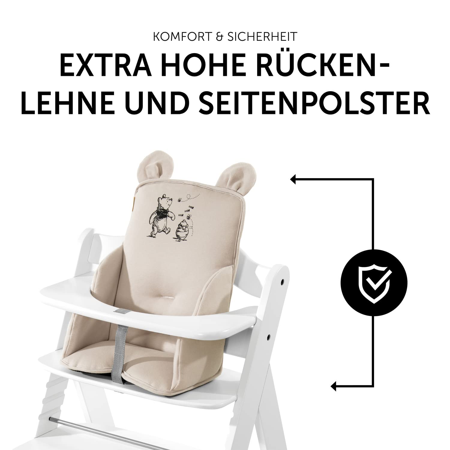 CLICKFUSION Sitzverkleinerer Kissen Alpha Cosy Kompatibel mit Alpha+ Beta+ & Arketa Hochstuhl Babys 6-36 Monate Hochstuhl Sitzkissen mit hoher Rückenlehne & Stabilen Seiten (Disney Winnie the Pooh Beige)