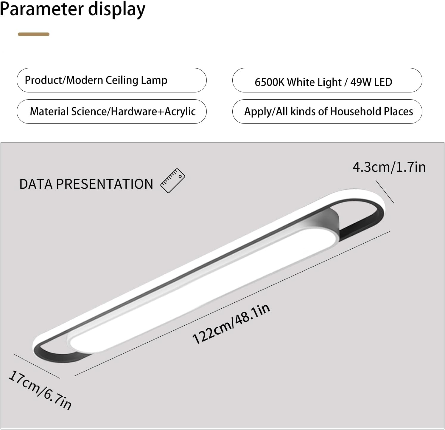 CLICKFUSION Modern Hallway Ceiling Lights, 6000K Acrylic Linear Ceiling Lamp, 4ft Metal LED Ceiling Light Fixture, Kitchen Dining Living Room Cloakroom Lighting (62W/122CM) [Energy Class B]