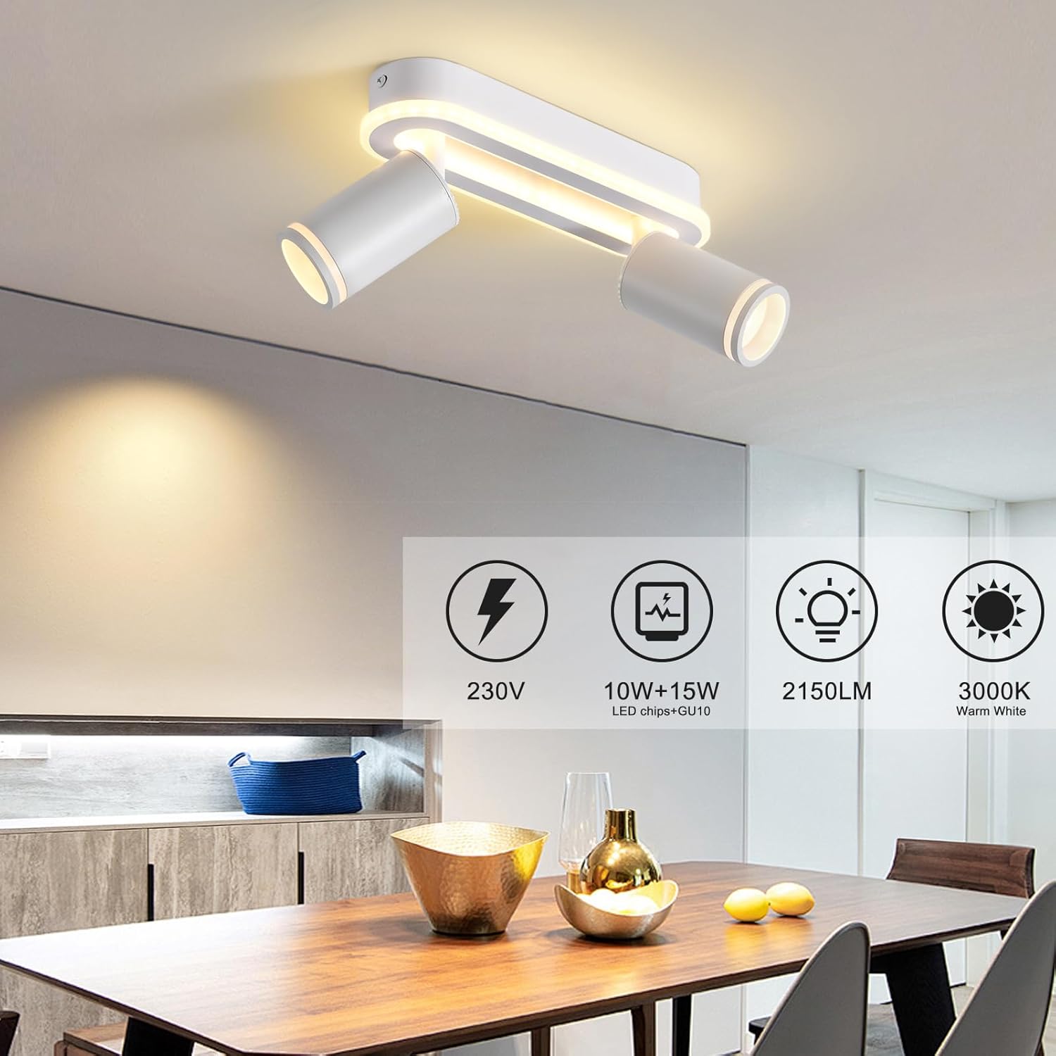 CLICKFUSIONLED Ceiling Spotlight 2 Bulbs Swivelling 350° Ceiling Light with Lower Glow 15 W + 2 x 5 W GU10 Spotlights, 3000 K Warm White Ceiling Spotlight for Kitchen, Colour Modes 360 Rotatable [Energy Class F]
