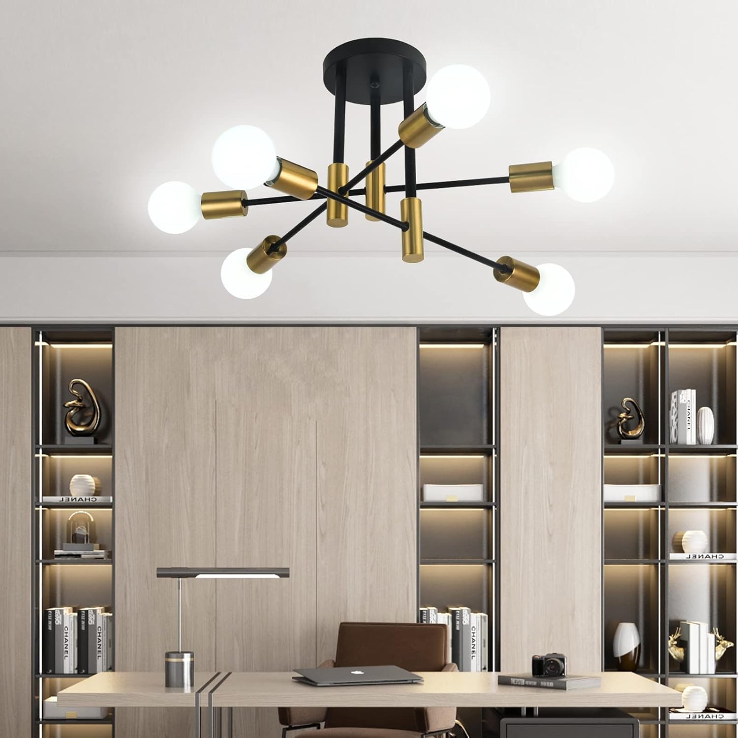 CLICKFUSION Deckenleuchte Vintage, Sputnik Kronleuchter Industrial Modern Hängelampe für Wohnzimmer Esszimmer Flur Restaurant Hotel, 6 Flammig Gold E27