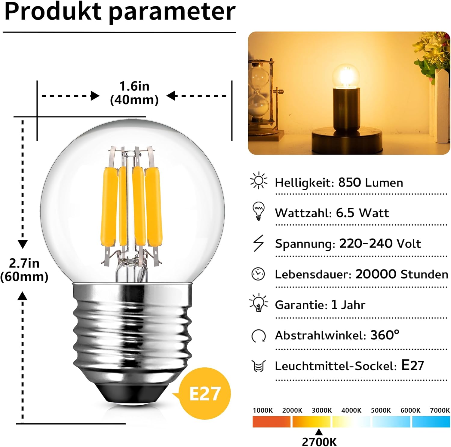 CLICKFUSION G40 E27 LED Edison Vintage Glühlampe Warmweiss 6.5w Ersetzt 60W Mini Globe LED Filament Glühlampen，2700K Warmweiß Retro Kleine Birne für Haus Café Bar
