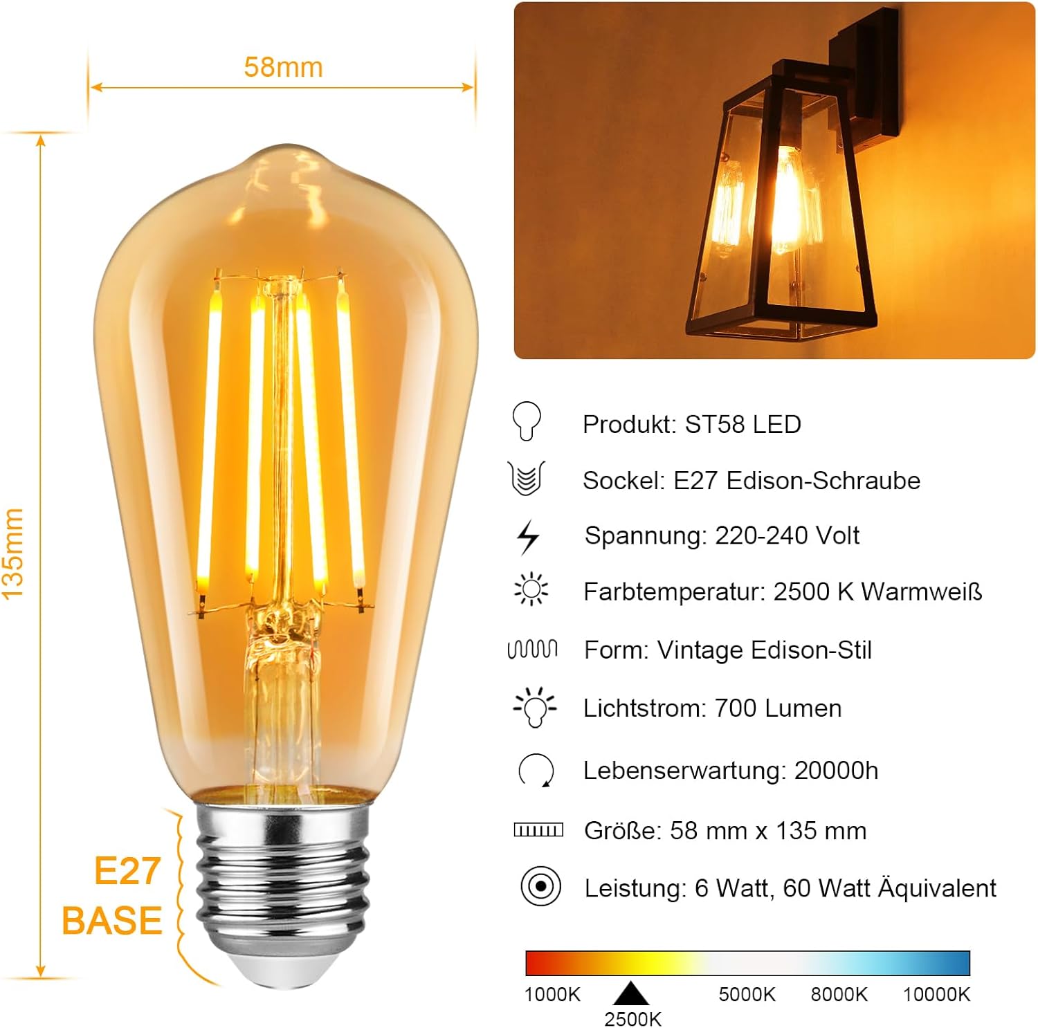 CLICKFUSION Edison LED Vintage Glühbirne, E27 ST58 Warmweiß(2500K), 700 Lumen, 6W (ersetzt 60W) Ideal für Nostalgie und Retro Beleuchtung im Haus Café Bar- 5 Stück