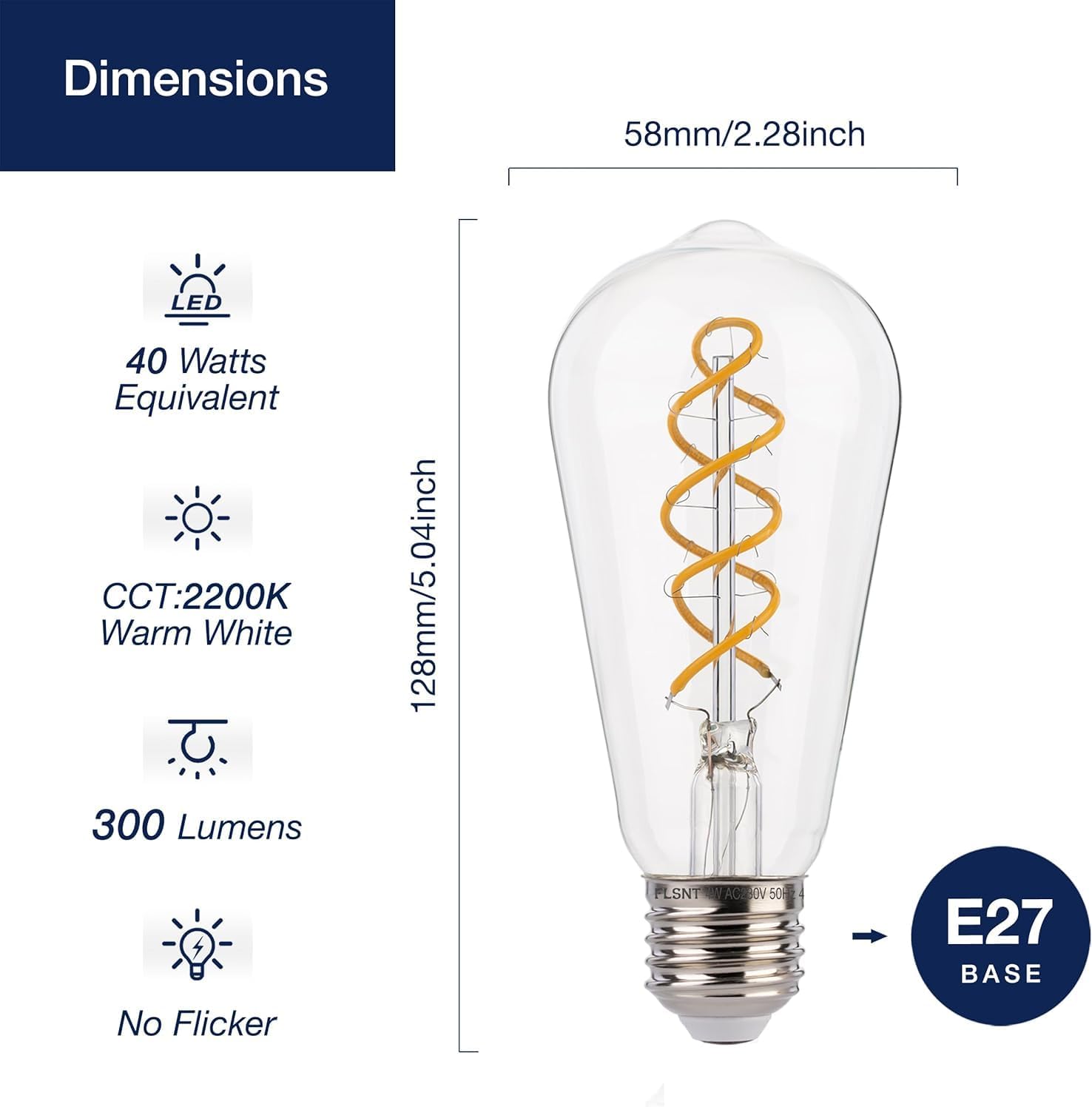 CLICKFUSION Edison Vintage Glühbirne E27, ST58 Retro LED Spiral Filament Lampen, 4W(Ersetzt 40W), 2200K Warmweiß, nicht dimmbar, CRI90, Klar Glas, 4 Stück