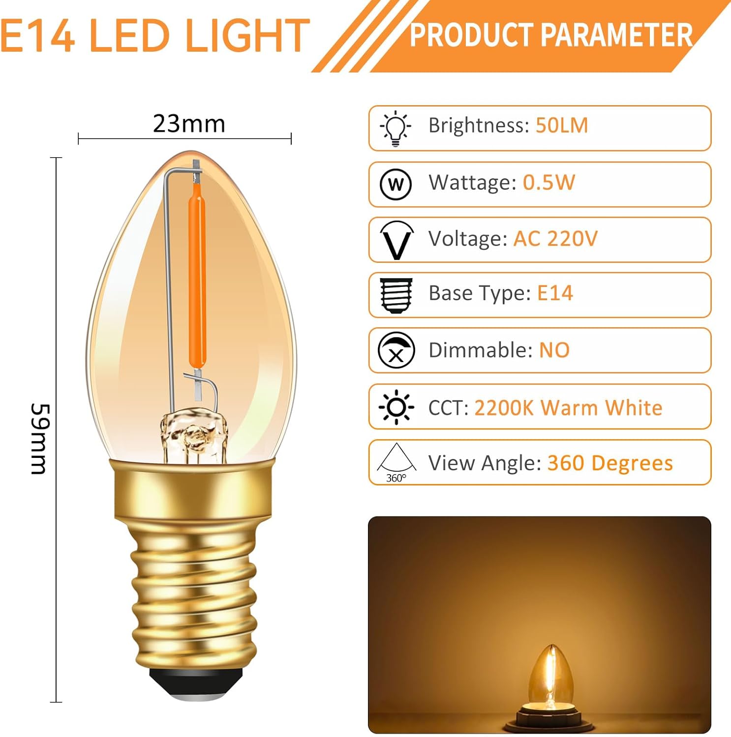 CLICKFUSION 2 Stück C7 LED Kerze Birne 0.5W E14 Filament Glühbirne Ersetzt 5W Warmweiß 2200K 50LM 220V Amber Vintage Edison E14 für Weihnachtsdeko Nachtlicht Salzelampe, Nicht Dimmbar [Energieklasse G]