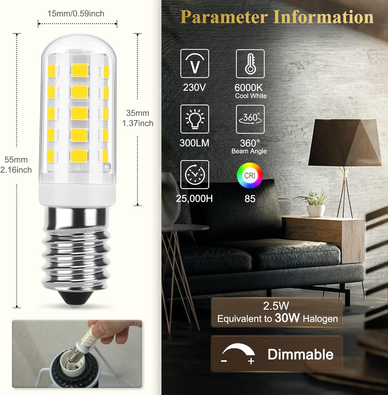 CLICKFUSION E14 Dimmbare LED Lampe, Kaltweiß 6000K, 2.5W Ersetzt 30W Halogen, LED Leuchtmittel 300lm, Flimmerfrei, 360°, Ideal für Kronleuchter, Tisch- und Stehlampen, 230V, 6er Pack