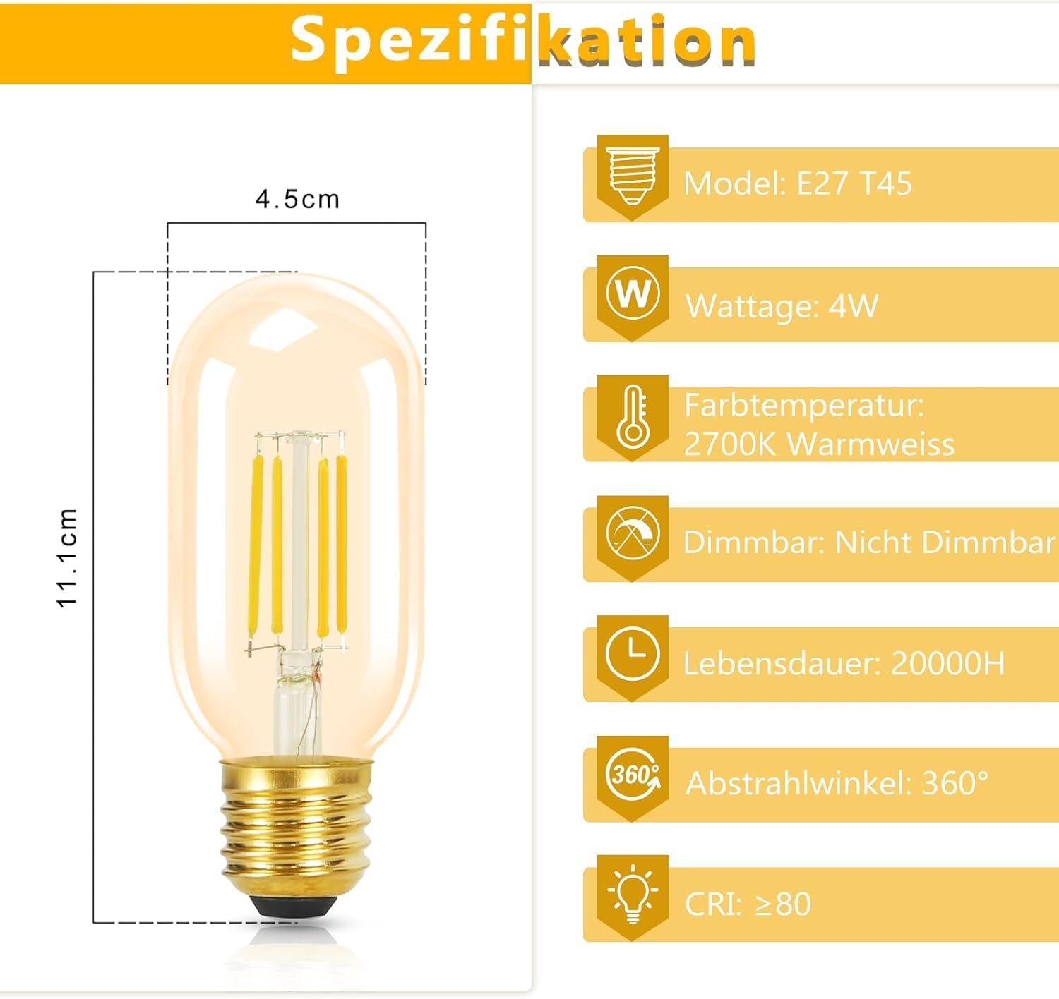 CLICKFUSION 8er pack E27 LED Warmweiss Vintage Glühbirnen - T45 LED Leuchtmittel Lampe E27 Birnen Edison 4W 2700K Energiesparlampe Light Bulbs Glühlampen Filament Retro Glas 360° Abstrahlwinkel