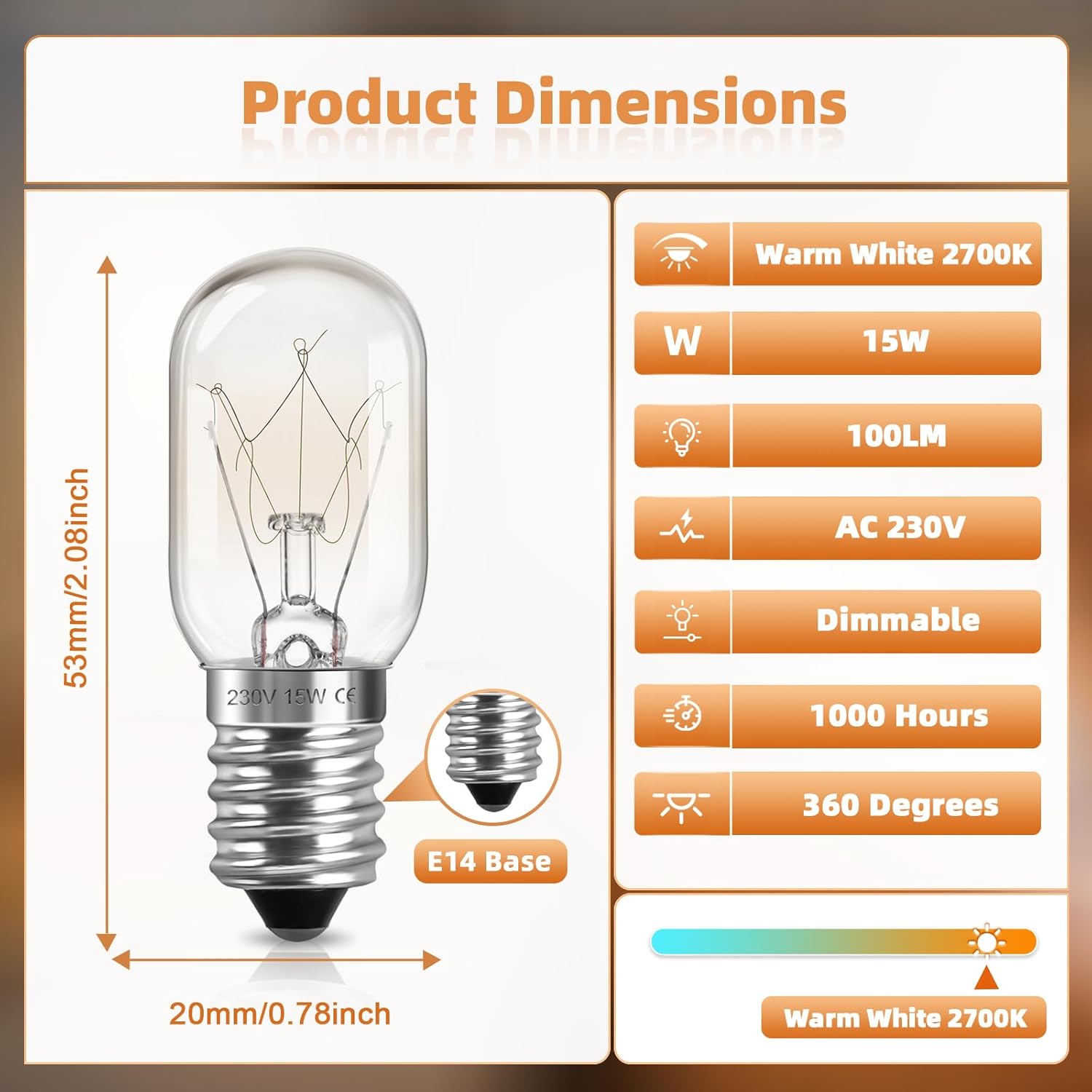 CLICKFUSION 5 Stück E14 Kühlschranklampe, Dimmbar, Hitzebeständig bis 300 Grad, 100LM Warmweiß 2700K, E14 Salzlampenbirnen für Kühlschrank, Mikrowelle, Dunstabzugshaube, Salzsteinlampe [Energieklasse G]