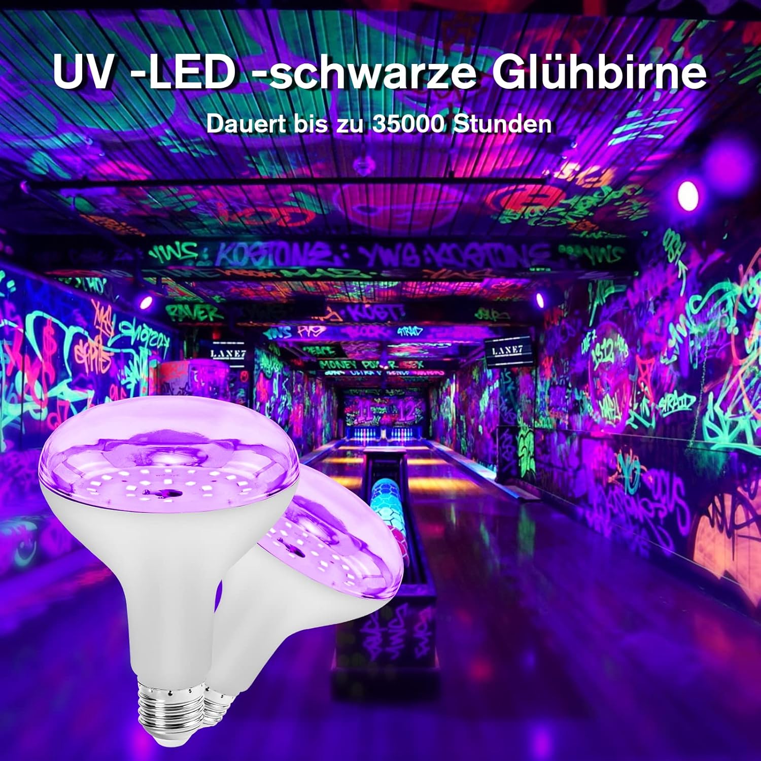 CLICKFUSION 2PCS E27 15W UV Schwarzlicht Glühbirne, Black Light Bulb 385-400nm UVA Schwarzlichtlampe Beleuchtung,Partylicht Neonfarben für Halloween Party Disco Club Bar Körperkuns
