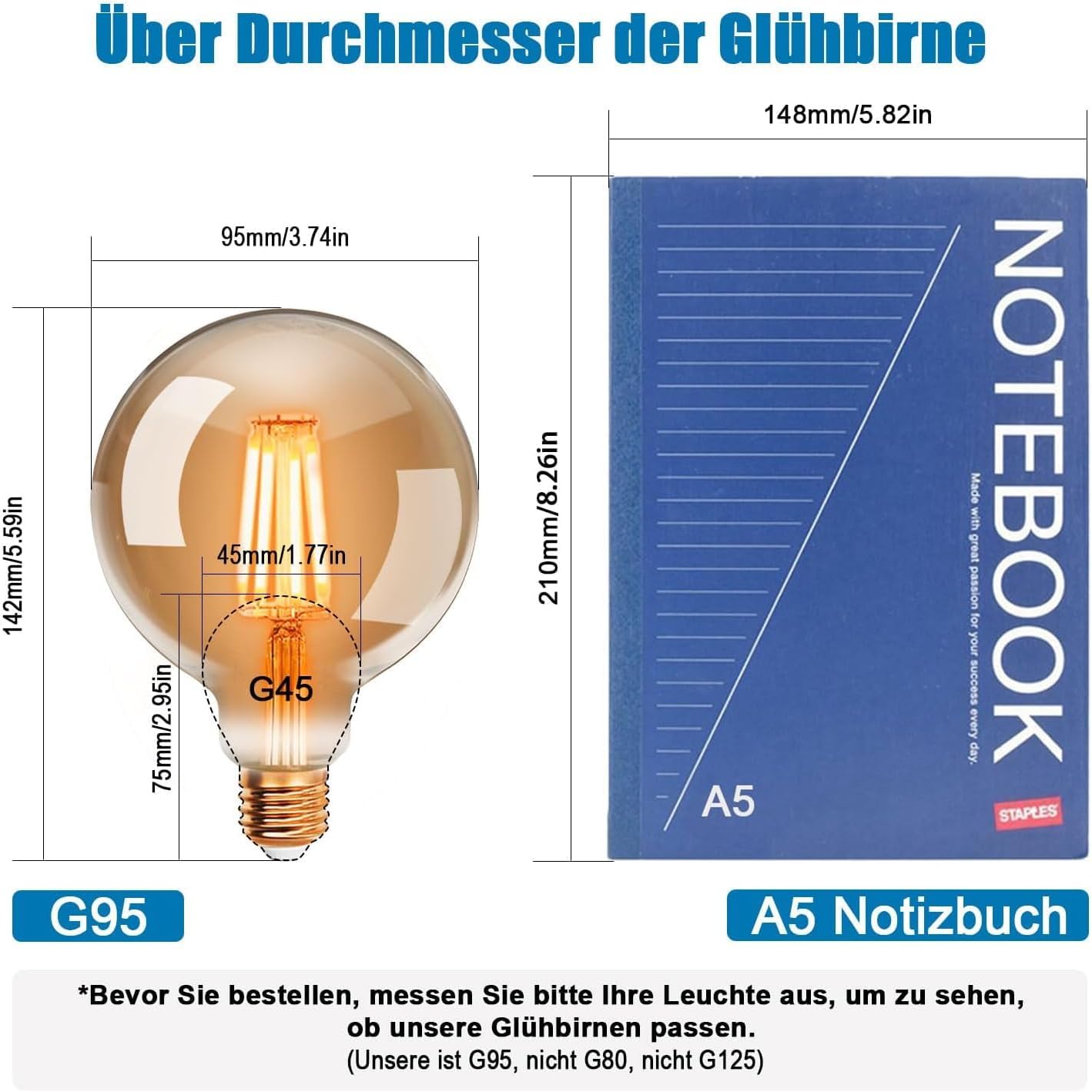 CLICKFUSION Edison Vintage Glühbirne, 95mm Durchmesser, G95 E27 LED Filament Lampe, 4W Ersetzt 40W Glühlampe, 400 LM, 2200K Warmweiß, Bernsteinfarbenes Glas, Nicht Dimmbar, 2 Stück
