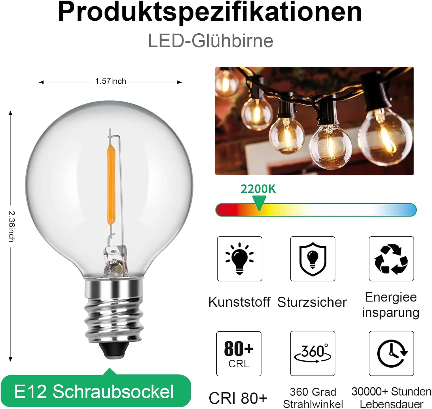 CLICKFUSION G40 LED Ersatzbirnen 25 Stück, Klare Globe Glass Glühbirnen, G40 Terrassenbeleuchtung Partygarten Garten Hochzeit Dekoration, Passend für E12/C7-Sockel, 0,6 Watt, Warmweiß (G40 LED Plastic Bulbs)