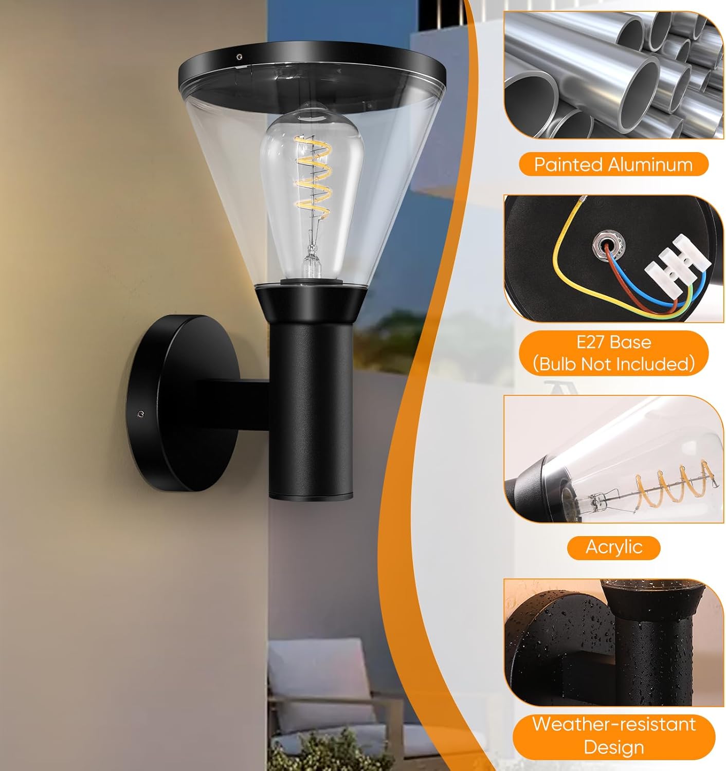 CLICKFUSION Wandleuchte Aussen E27, Wandlampe Aussen AußEnwandleuchten Ip65 Wasserdicht Aluminiumguss, Moderne Schwarz Aussenlampe Wand AußEnbeleuchtung Gartenbeleuchtung, Bulb Not Included [Energieklasse A]