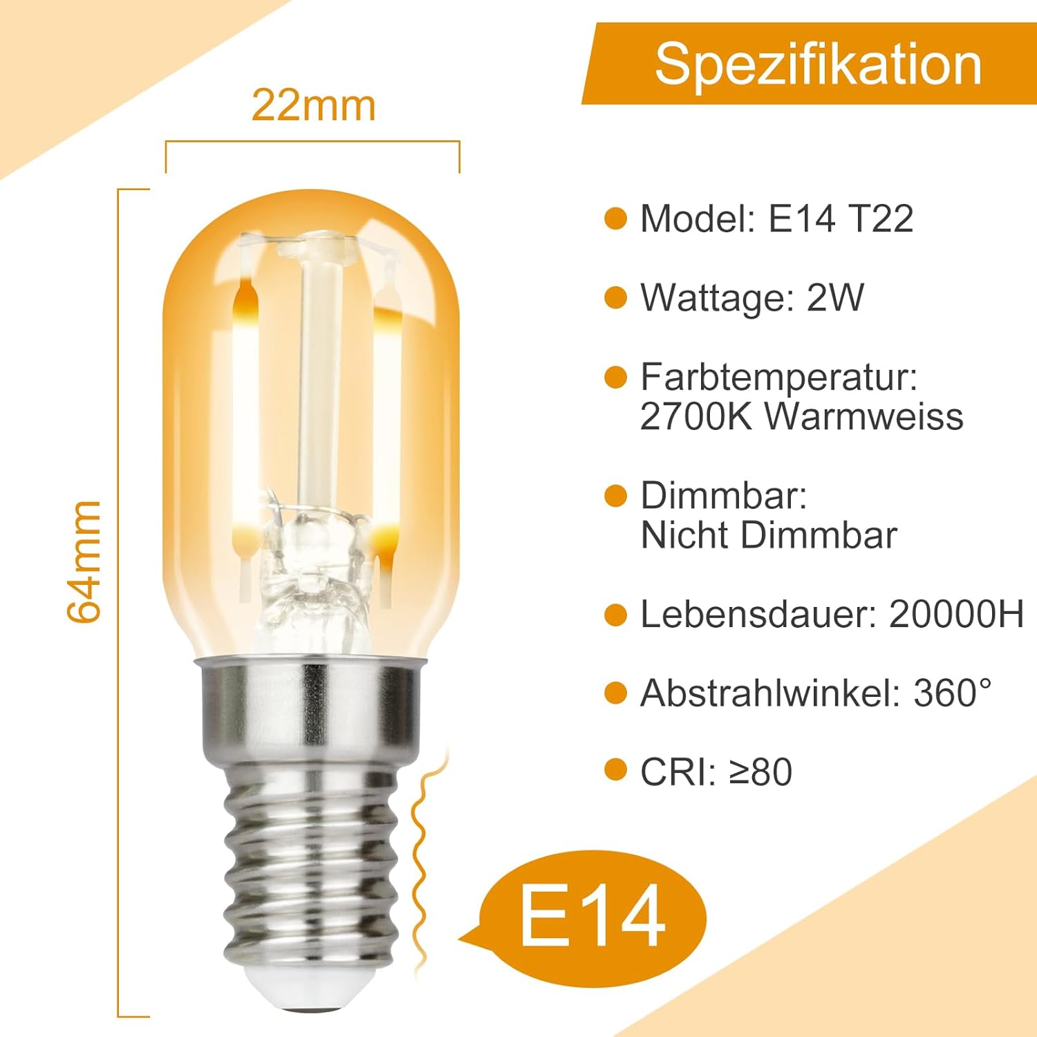 CLICKFUSION 2er pack E14 LED Warmweiss Glühbirne - T22 Vintage LED Lampen 2W Retro Edison Sockel Birne 2700K Warmweiß Leuchtmittel Energiesparlampe E14-Fassung Kühlschranklampe Nicht Dimmbar Light Bulb
