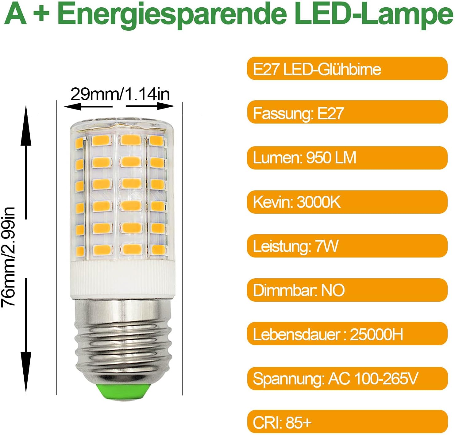 CLICKFUSION E27 Mais Kompakte Bauweise Edison Schrauben 7W Äquivalent zu 60W 70W Glühbirne 950LM Superhelle Warmweiß 3000K AC100V- 265V für Esstischlampe lnnenbeleuchtung Nicht Dimmbar (2er-Pack)[MEHRWEG]