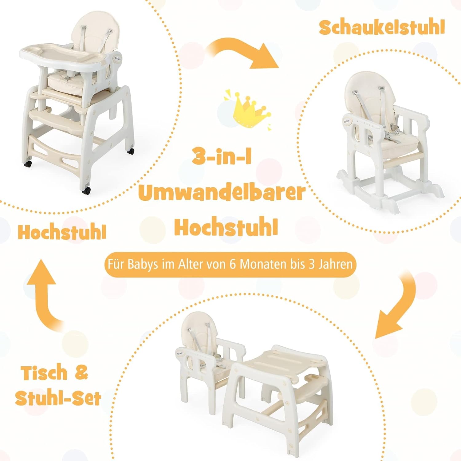 CLICKFUSION 3 in 1 Babystuhl, Hochstuhl & Essstuhl & Kindersitzgruppe, wandelbarer Babyhochstuhl mit 5-Punkt-Gurt, abnehmbarem Tablett & Sitzkissen & Rückenlehne, für 6-36 Monate, 20 kg belastbar (Beige)