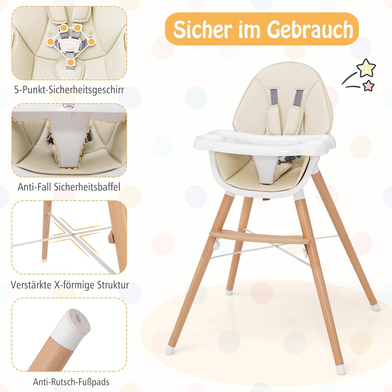 CLICKFUSION 2 in 1 Babyhochstuhl, Hochstuhl aus Buchenholz mit 5-Punkt-Sicherheitsgurt, abnehmbarem Doppeltablett & Sitzkissen, Babystuhl Kinderhochstuhl für 6-36 Monaten Baby, 15 kg Belastbar (Beige)