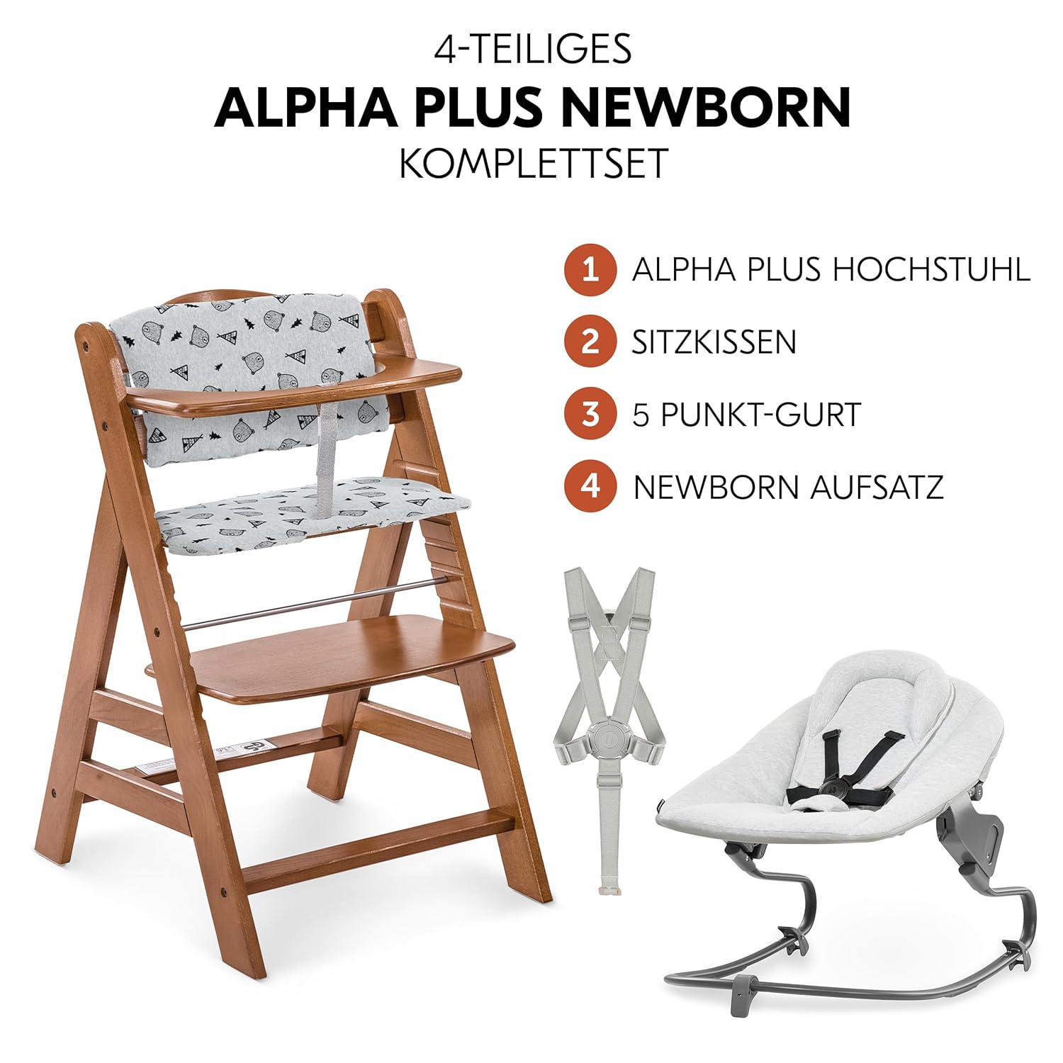 CLICKFUSION Alpha Plus Newborn Set mit Premium Bouncer Light Grey - Baby Holz Hochstuhl ab Geburt mit Liegefunktion - extra flacher Aufsatz für Neugeborene & Baumwoll Sitzpolster - Walnut