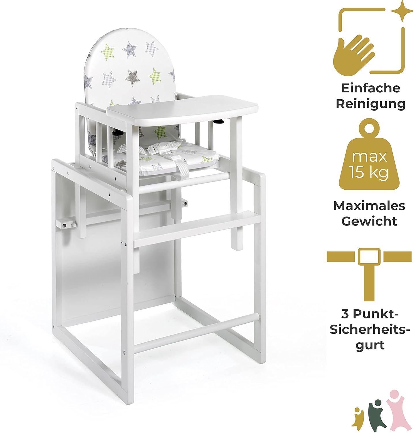 CLICKFUSION Hochstuhl NICO Baby Hochstuhl mit Tisch Babystuhl mit 3-Punkt Sicherheitsgurt Rückenteil Fußtrittbrett & gepolsterte Sitzfläche schadstofffreies Kinderzimmerzubehör Weiß