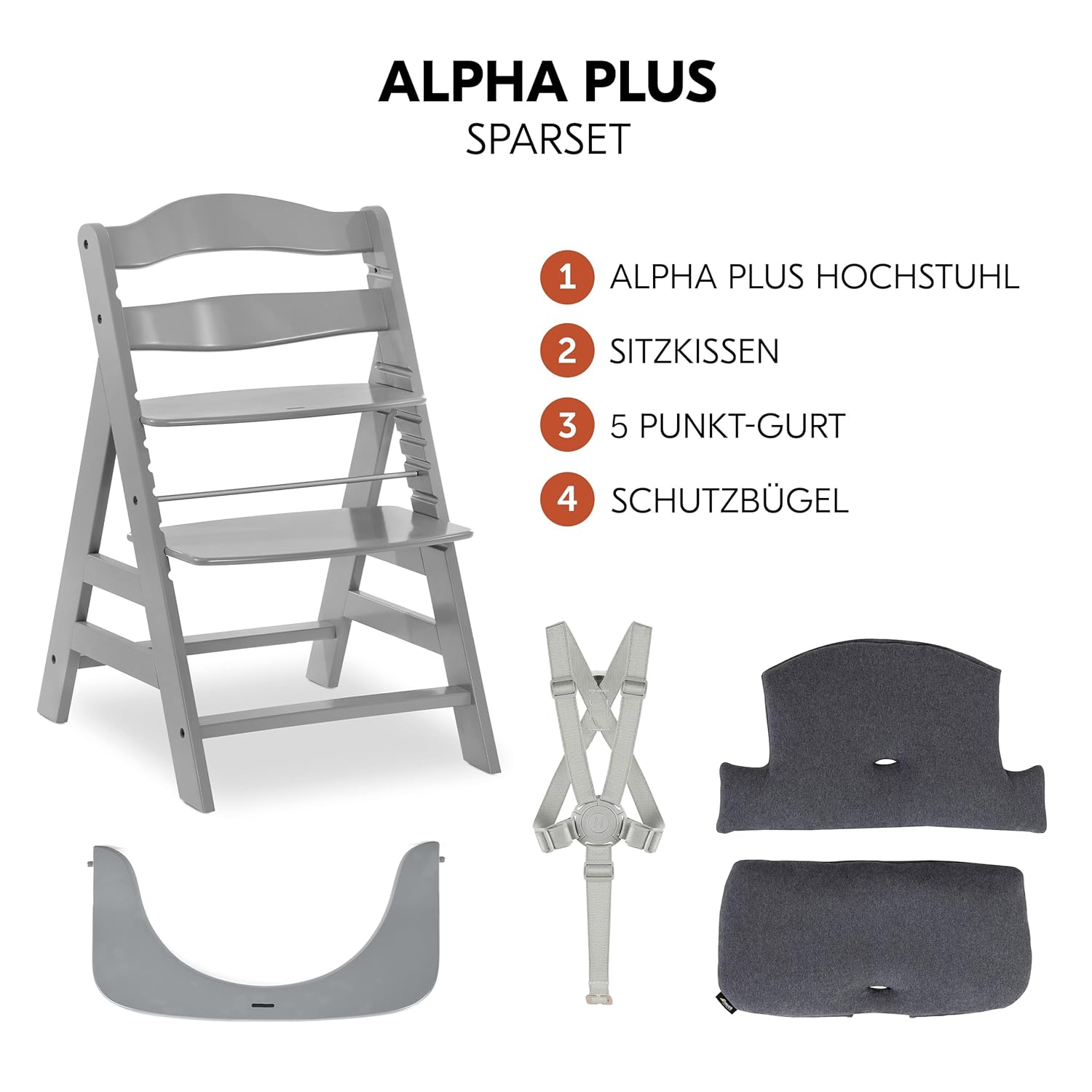 CLICKFUSION Hochstuhl Alpha Plus - Mitwachsender Holz-Kinderhochstuhl, höhenverstellbar, mit Sitzkissen, Schutzbügel & Gurt ab 6 Monaten - Grau