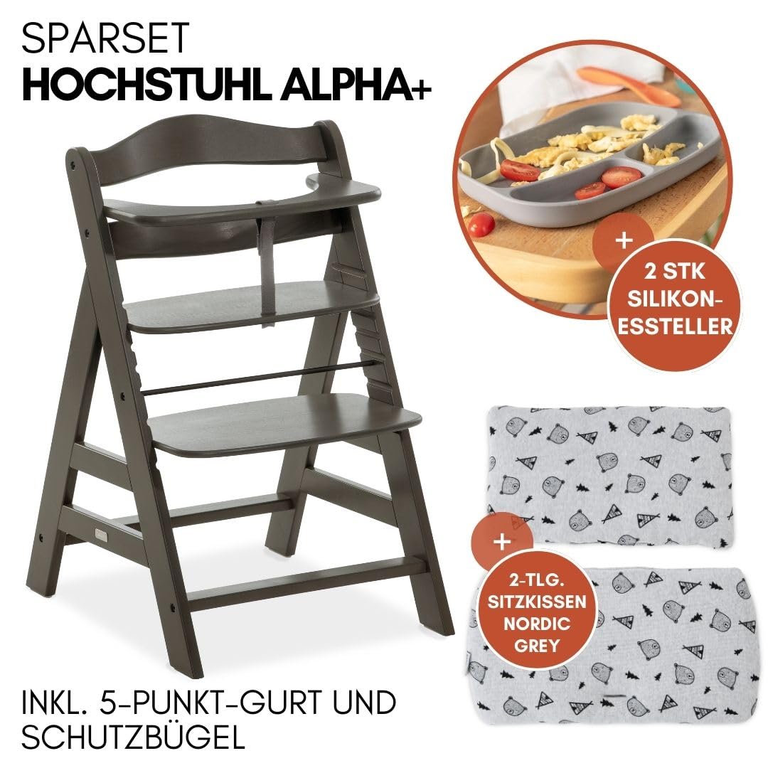 CLICKFUSION Hochstuhl Alpha Plus inkl. Sitzkissen und 2x Babyteller Silikon - Mitwachsender Babystuhl aus Holz, Kinderhochstuhl ab 6 Monate, verstellbar - Charcoal Nordic Grey