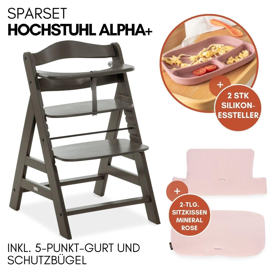 CLICKFUSION Hochstuhl Alpha Plus inkl. Sitzkissen und 2x Babyteller Silikon - Mitwachsender Babystuhl aus Holz, Kinderhochstuhl ab 6 Monate, verstellbar - Charcoal Rose