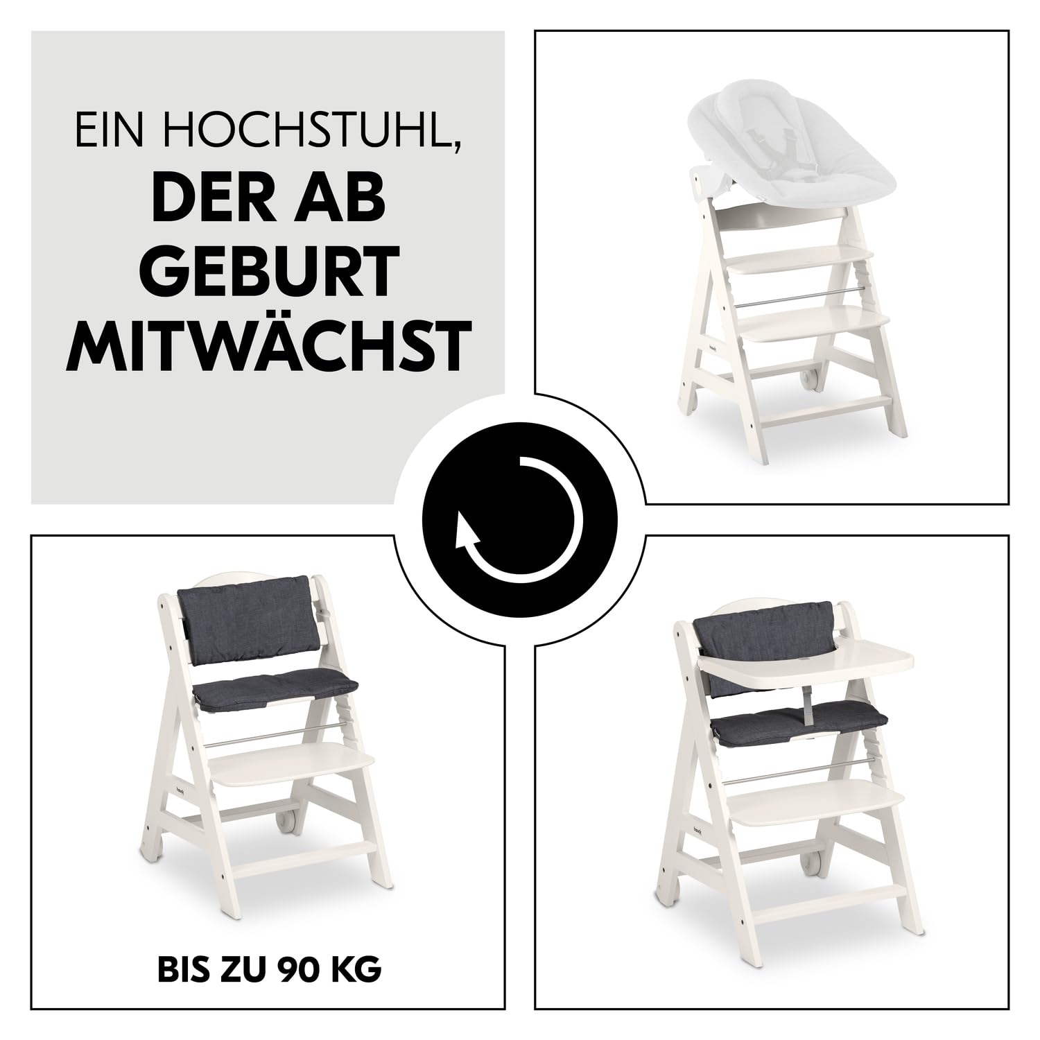 CLICKFUSION Kinder Hochstuhl Beta+, Mitwachsender Holz Babystuhl (FSC zertifiziert), Kinderhochstuhl ab 6 Monate mit Sitzkissen, Holz Essbrett und Schutzbügel, 5-Punkt-Gurt und Schrittgurt (White)
