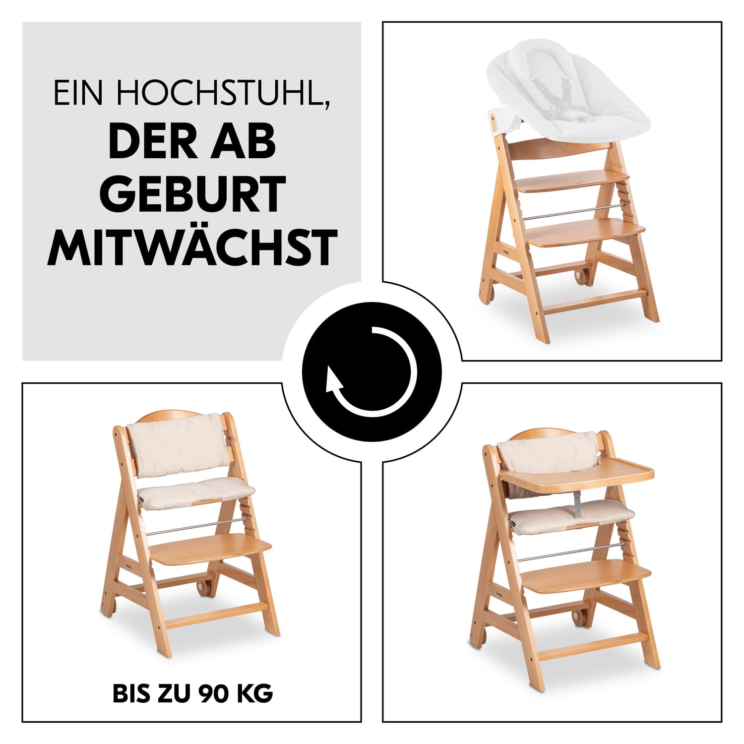 CLICKFUSION Kinder Hochstuhl Beta+, Mitwachsender Holz Babystuhl (FSC zertifiziert), Kinderhochstuhl ab 6 Monate mit Sitzkissen, Holz Essbrett und Schutzbügel, 5-Punkt-Gurt und Schrittgurt (Natural)