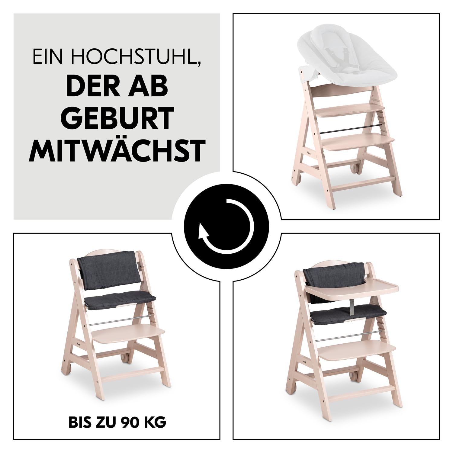 CLICKFUSION Kinder Hochstuhl Beta+, Mitwachsender Holz Babystuhl (FSC® zertifiziert), Kinderhochstuhl ab 6 Monate mit Sitzkissen, Holz Essbrett und Schutzbügel, 5-Punkt-Gurt und Schrittgurt (Whitewashed)