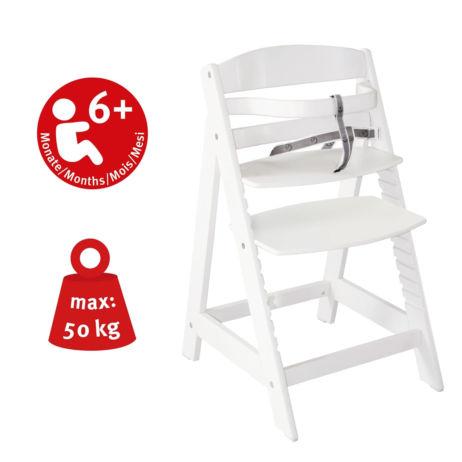 CLICKFUSION Treppenhochstuhl Sit Up III - Mitwachsender Baby Hochstuhl - ab 6 Monaten - Kinderhochstuhl aus Holz weiß - Stuhl bis 50 kg belastbar, 1 Stück (1er Pack)