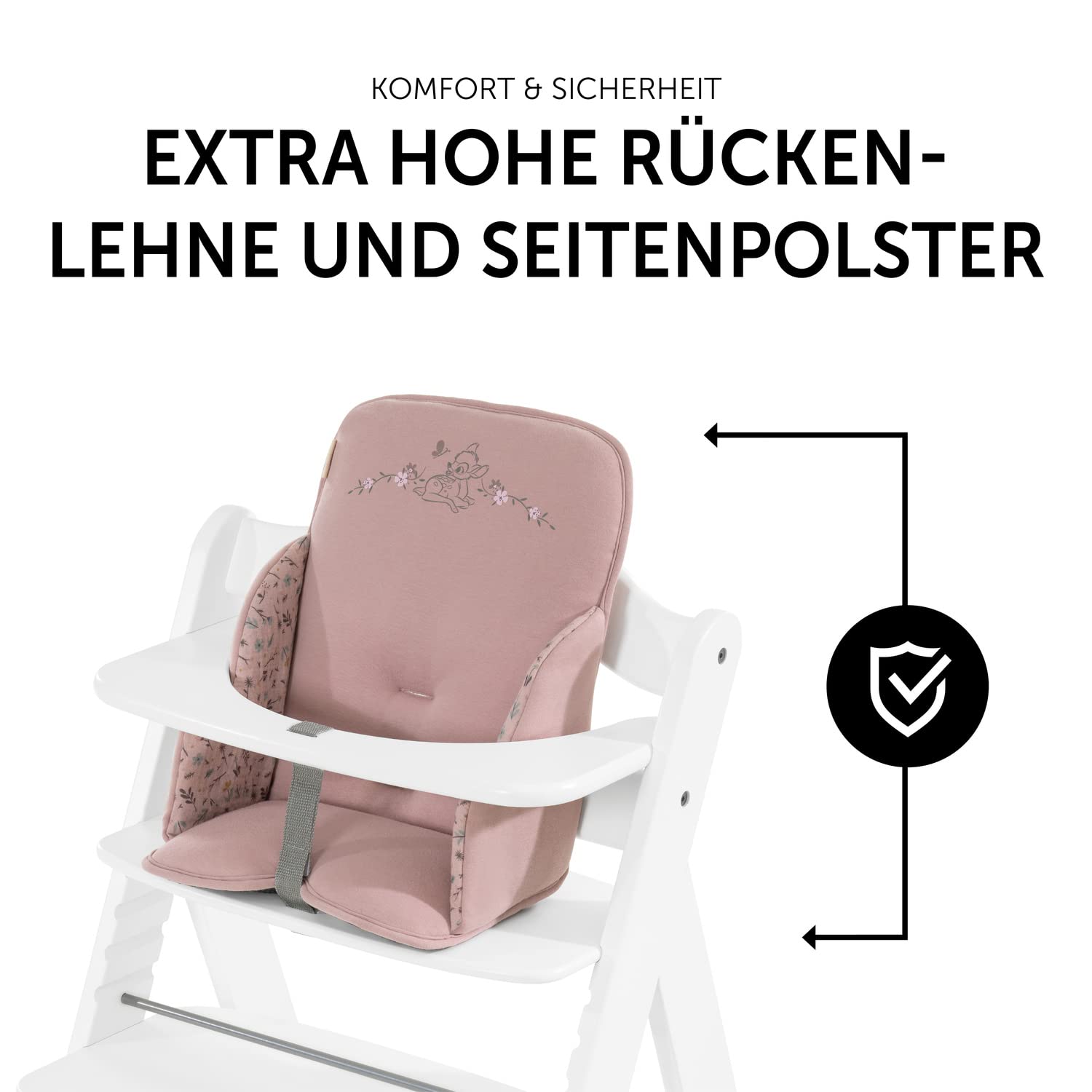 CLICKFUSION Sitzverkleinerer Kissen Alpha Cosy Kompatibel mit Alpha+, Beta+ & Arketa Holzhochstuhl für Babys 6-36 Monate Hochstuhl Sitzkissen mit hoher Rückenlehne & Stabilen Seiten (Disney Bambi Rose)