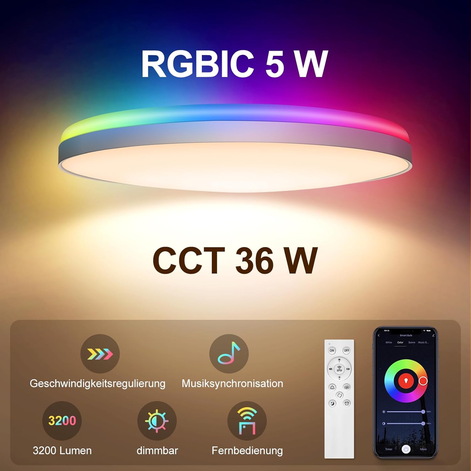 CLICKFUSION LED Ceiling Light, Dimmable, 36 W Diameter 30 cm, Smart RGBIC LED Ceiling Light with Remote Control, Works with Alexa & Google Assistant, Ceiling Lights for Bedroom, Living Room [Energy Class A]
