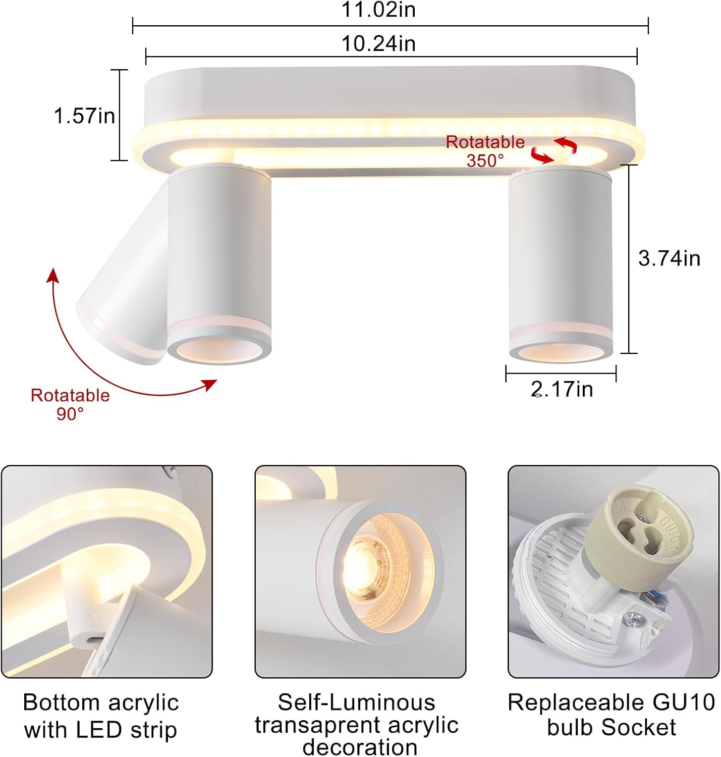 CLICKFUSIONLED Ceiling Spotlight 2 Bulbs Swivelling 350° Ceiling Light with Lower Glow 15 W + 2 x 5 W GU10 Spotlights, 3000 K Warm White Ceiling Spotlight for Kitchen, Colour Modes 360 Rotatable [Energy Class F]