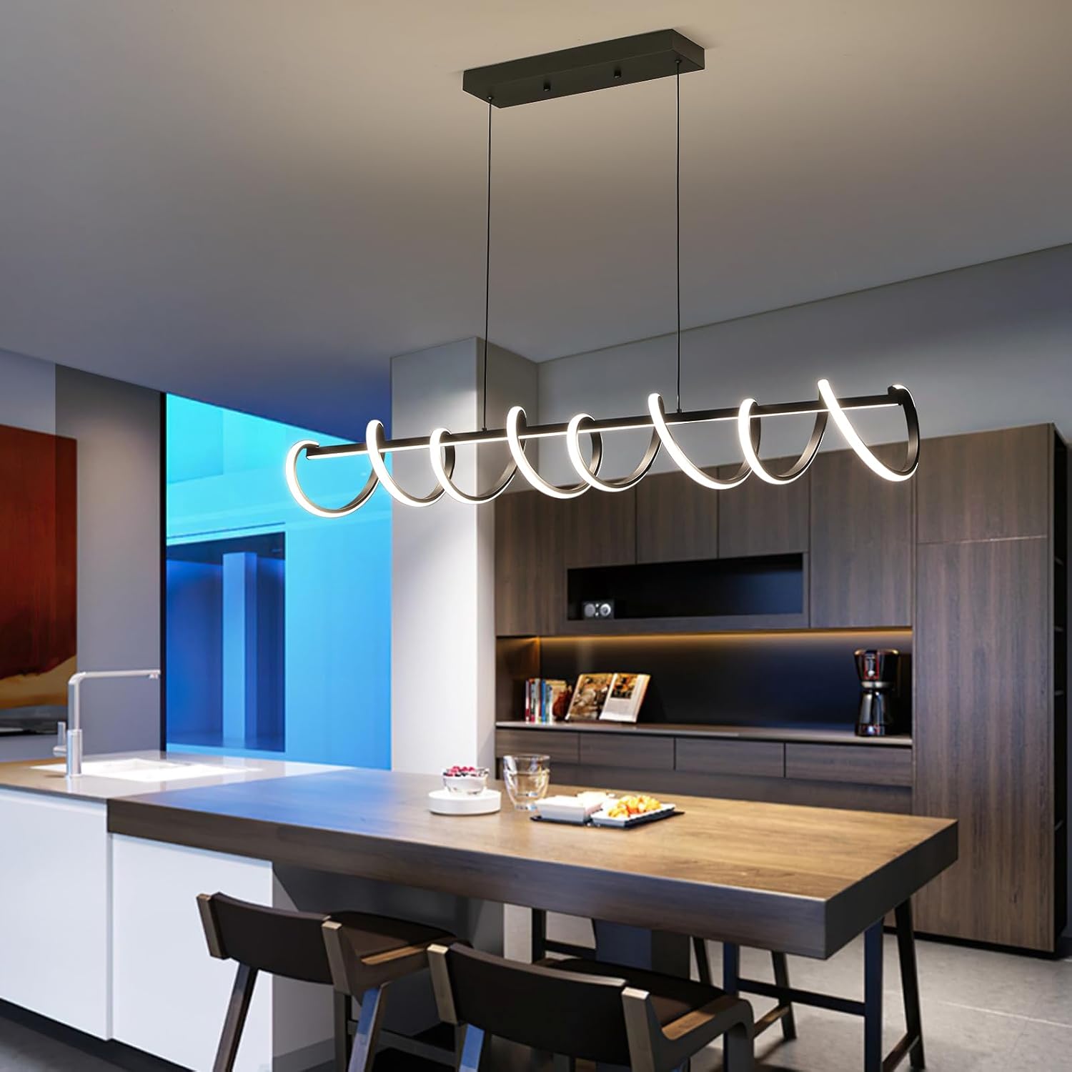 CLICKFUSION 120cm Spirale Hängelampe, Kreative LED Pendelleuchte, Esszimmerlampe Dimmbar 10% - 100% Helligkeit, 3000k/4500k/6000k Lineare Kronleuchter, Höhe 150cm Einstellbar Für Esszimmer, Wohnzimmer [Energieklasse E]