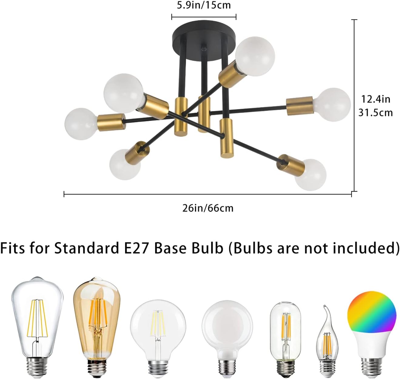 CLICKFUSION Deckenleuchte Vintage, Sputnik Kronleuchter Industrial Modern Hängelampe für Wohnzimmer Esszimmer Flur Restaurant Hotel, 6 Flammig Gold E27