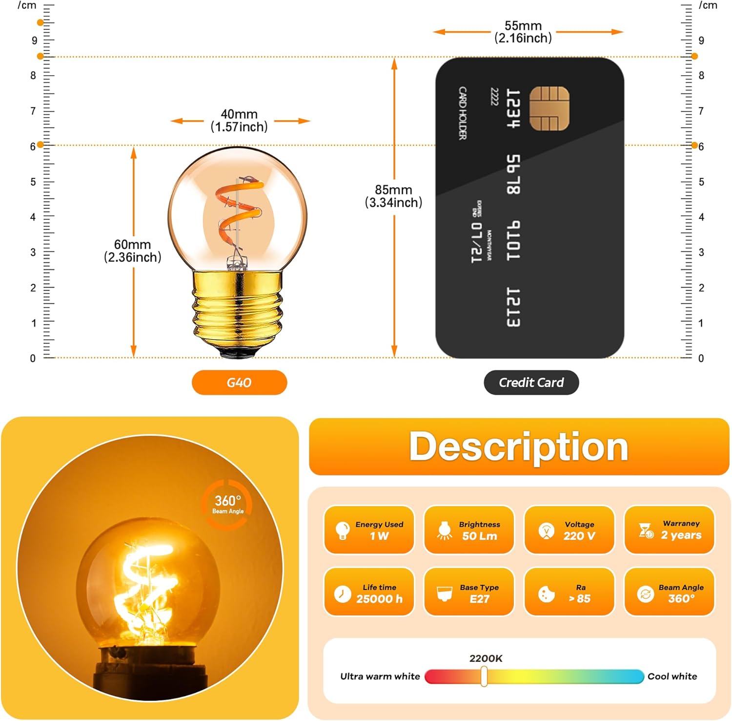 CLICKFUSION E27 Led Glühbirne G40 Mini Globe LED Birne 1W LED Filament Lampe Ersetzt 10 Watt Edison Glühlampen,2200K Vintage Glühbirne für Kronleuchter, Nicht Dimmbar,2 Stück