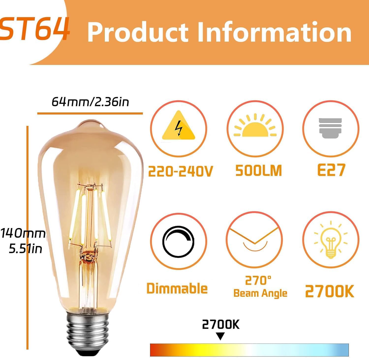 CLICKFUSION E27 LED Vintage Dimmbar Edison Glühbirne E27 5W(Erstezt 50) Retro LED Lampe Golden Warmweiss 2700K Filament ST64, Ideal für Nostalgie und Retro Beleuchtung im Haus Café Bar usw- 6 Stück