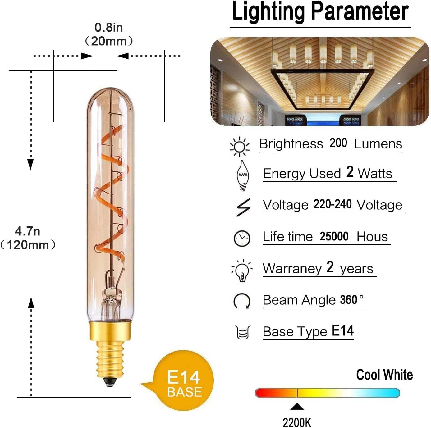CLICKFUSION E14 LED Glühbirne Warmweiss T20 2W LED Filexible Filament Glühbirnen 2200K Vintage Glühbirne Äquivalent 20W Glühlampen,Glasröhre Pendelleuchte Röhrenlampen Energiesparlampe für Café Bar, 6er Pack