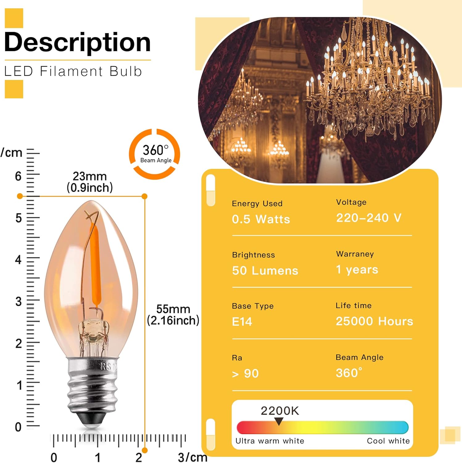 CLICKFUSION C7 LED Birne E14 Edison Glühbirne 0.5W Filament Nachtlampe ersatz 5 W Glühlampen,2200K Warmweiß Vintage Glühbirnen für Weihnachten Dekorative,Nicht Dimmbar,5 Stücke