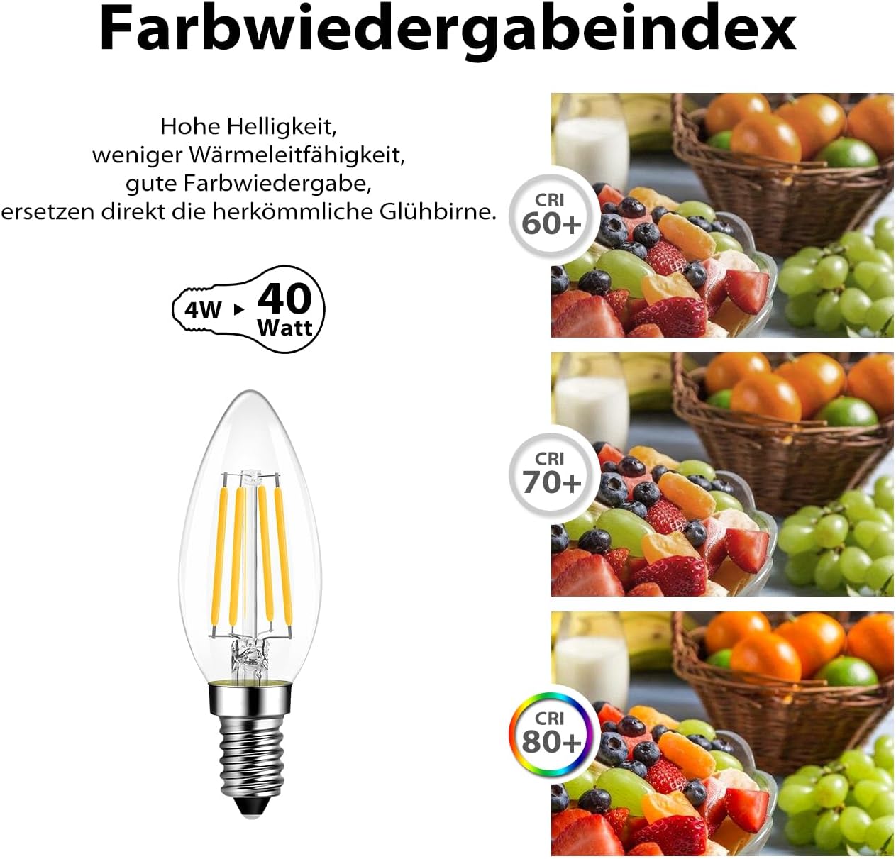CLICKFUSION E14 Kerze LED Lampe für Kronleuchter, 470 lm, 4W ersetzt 40 Watt, 2700K Warmweiß, Filament Fadenlampe, Glas, nicht dimmbar (12er Pack)