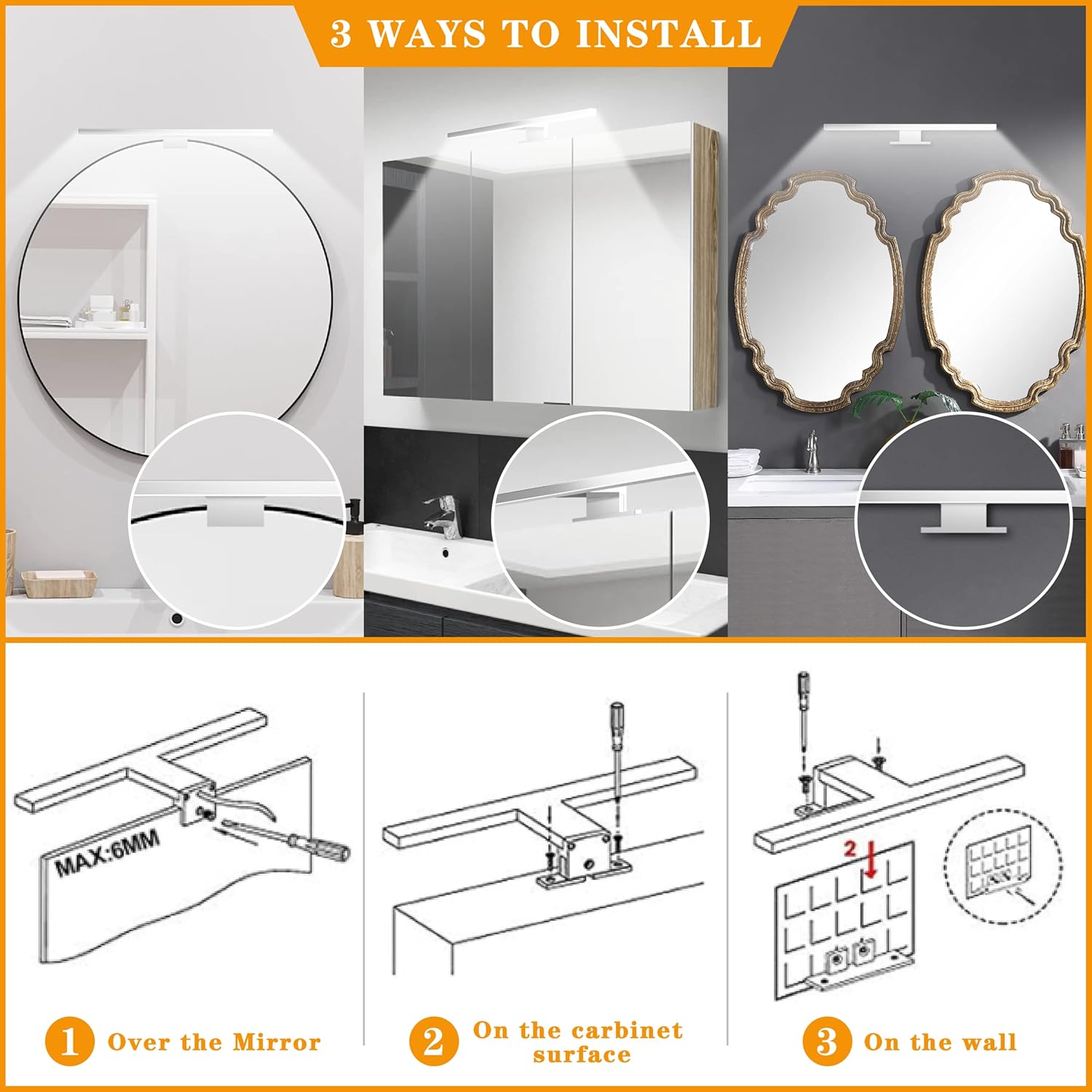 CLICKFUSION 30 cm LED Mirror Light, 5 W, 500 Lumens, Bathroom Mirror Lamp, Cool White 6000 K, Bathroom Light, Stainless Steel, IP44 Waterproof for Mirrors, No-Flicker Cabinet Light, 230 V, for the Bathroom [Energy Class D]
