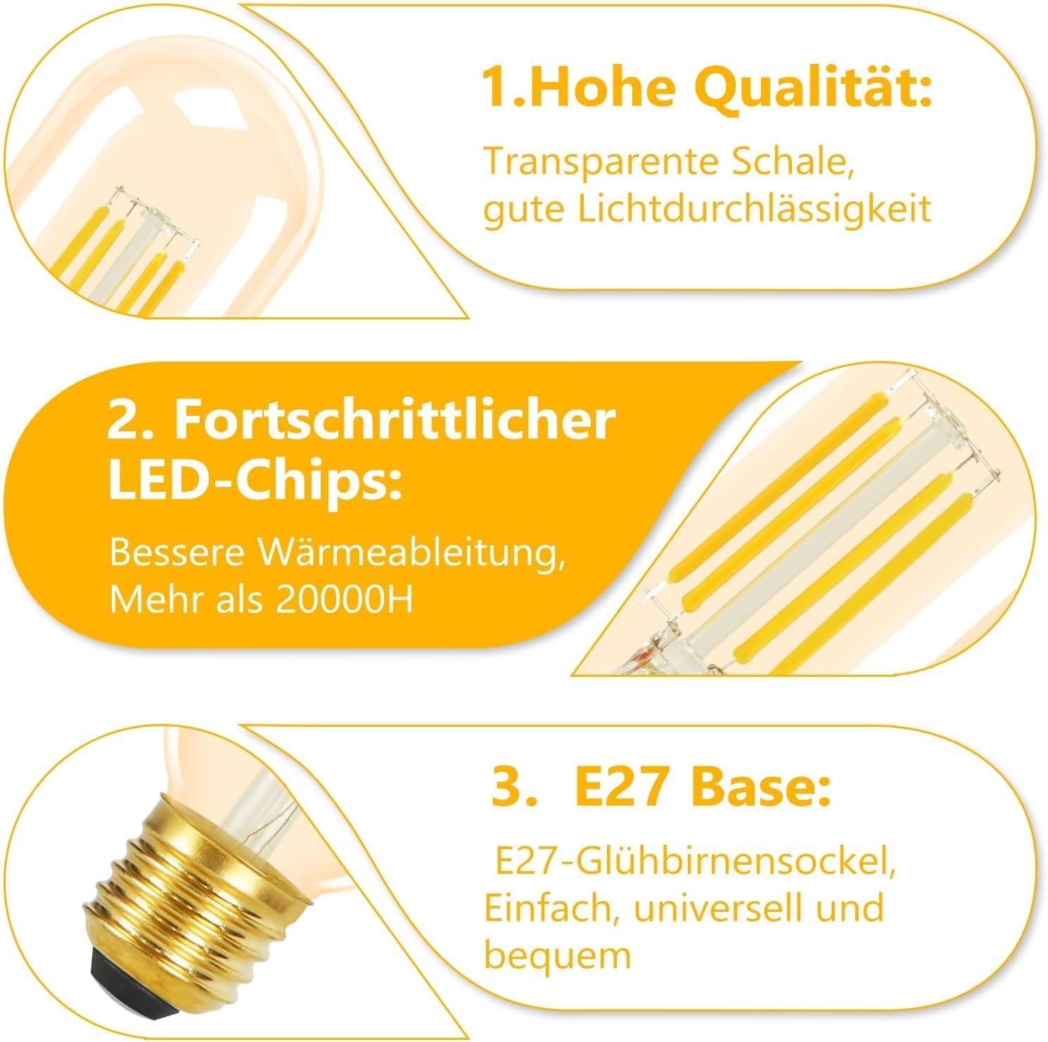 CLICKFUSION 8er pack E27 LED Warmweiss Vintage Glühbirnen - T45 LED Leuchtmittel Lampe E27 Birnen Edison 4W 2700K Energiesparlampe Light Bulbs Glühlampen Filament Retro Glas 360° Abstrahlwinkel