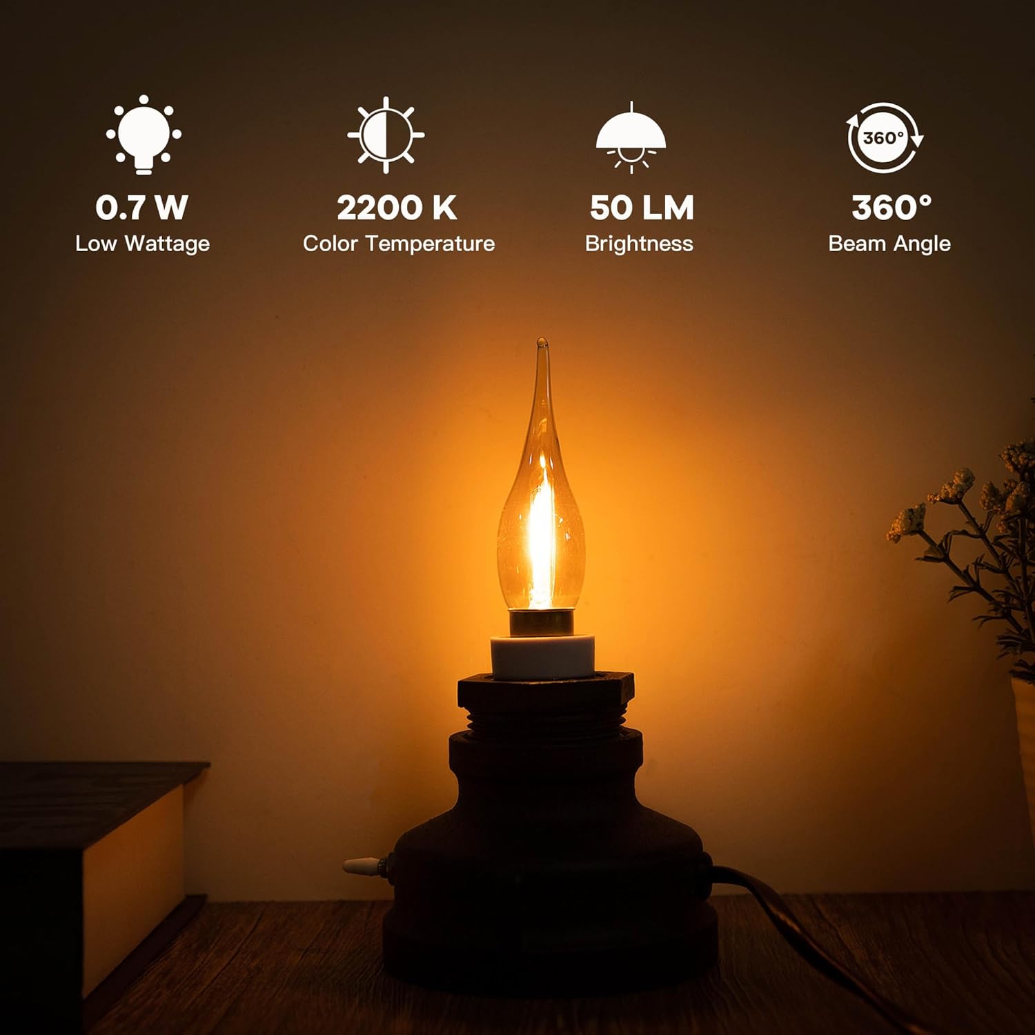 CLICKFUSION E14 LED Glühbirne Kerze Retro Vintage Filament Lampe kerzenlampen C22 0.7w Ersetzt 7 Watt 2200K Ultra Warm,50 lumen Kandelaber Kronleuchter Salzlampe Nachtlicht,220V-240V,6er-Pack