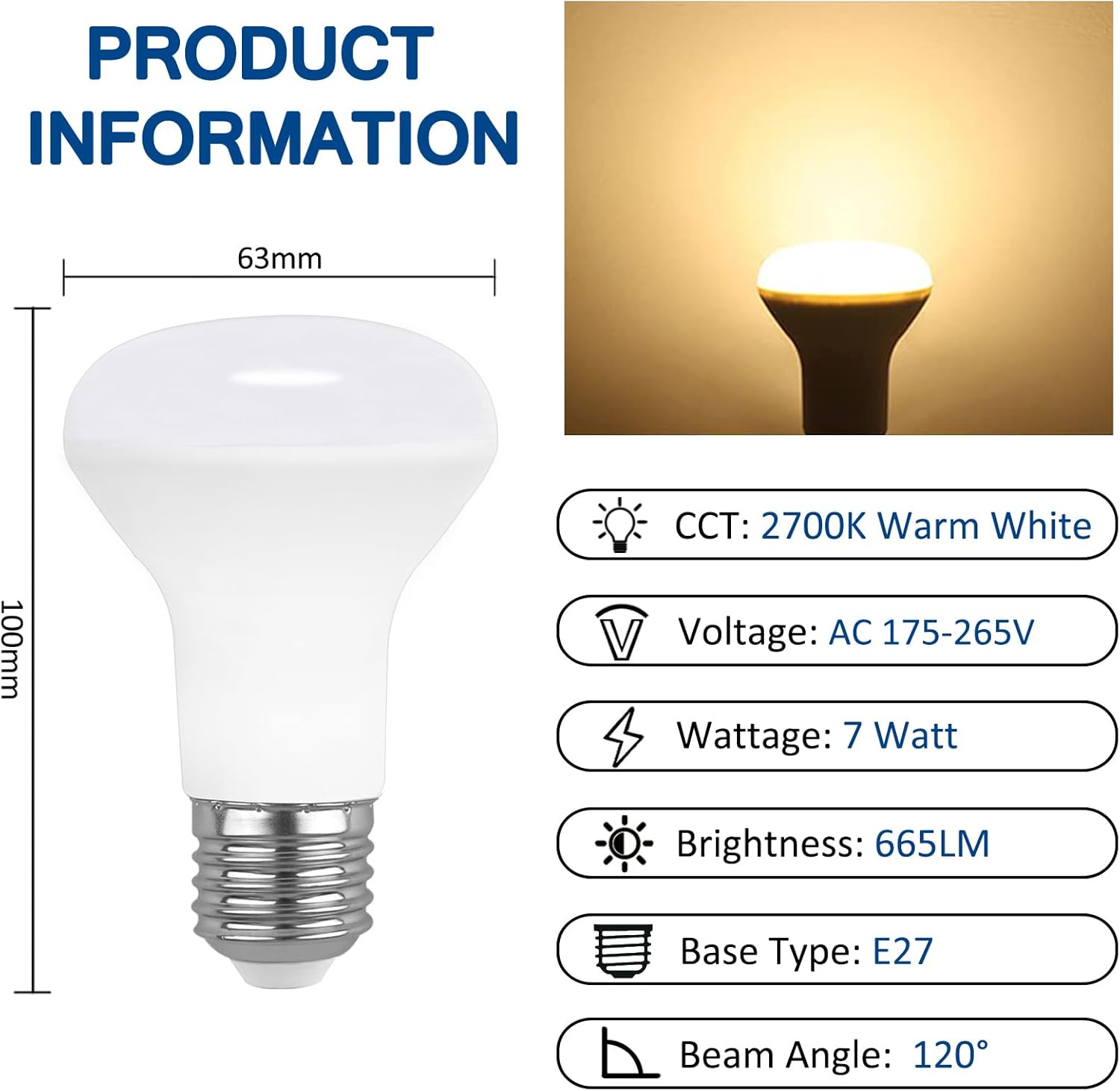 CLICKFUSION LED-Reflektor R63 E27 7W Warmweiß 2700K, 665LM mit 120° Abstrahlwinkel, Ersatz Halogenstrahler E27 60W, AC 220V, R63 LED Reflektorlampen für Deckenstrahler, Nicht Dimmbar, 6er-Set