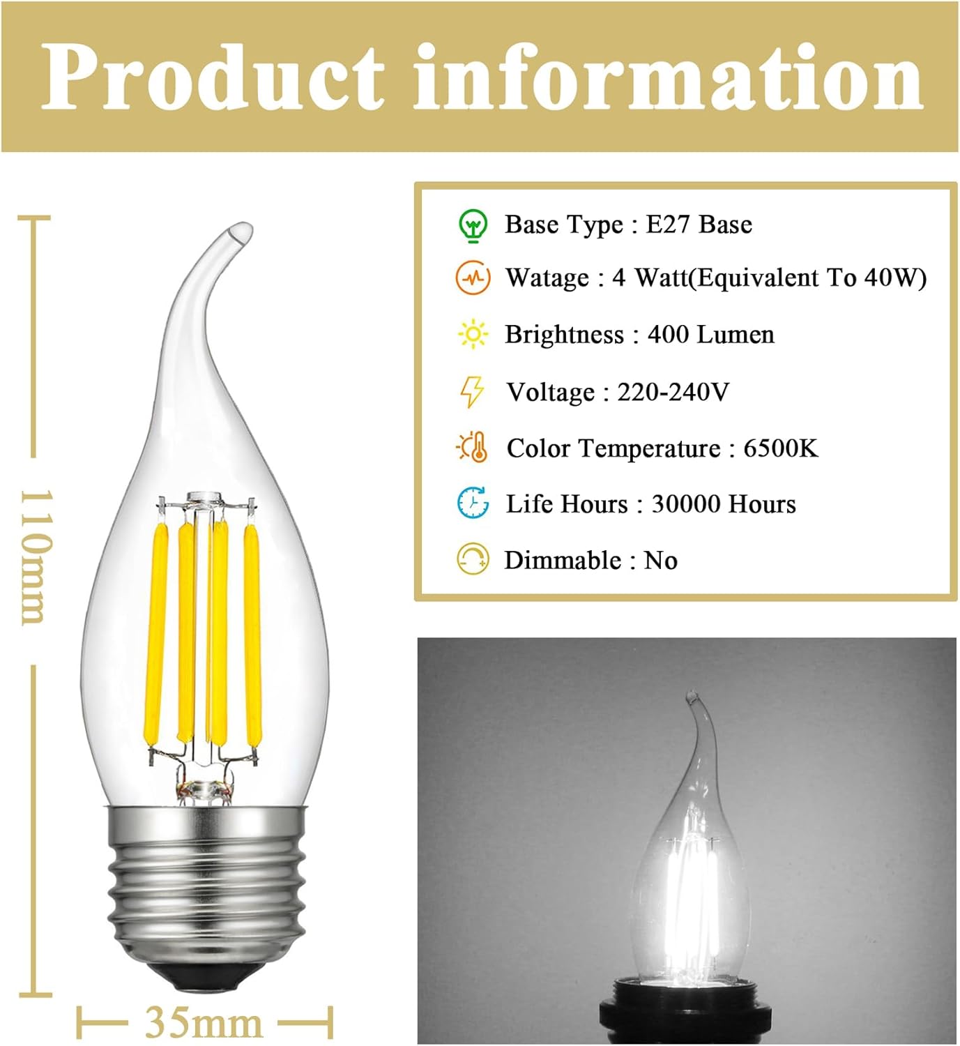 CLICKFUSION E27 LED Kerze 4W / ersetzt 40W Halogenlampen / 400 Lumen/Kaltweiß 6500K / 220-240V AC/LED Kerze E27 Flammen/Nicht Dimmbar/Klar Glas / 12er-Pack