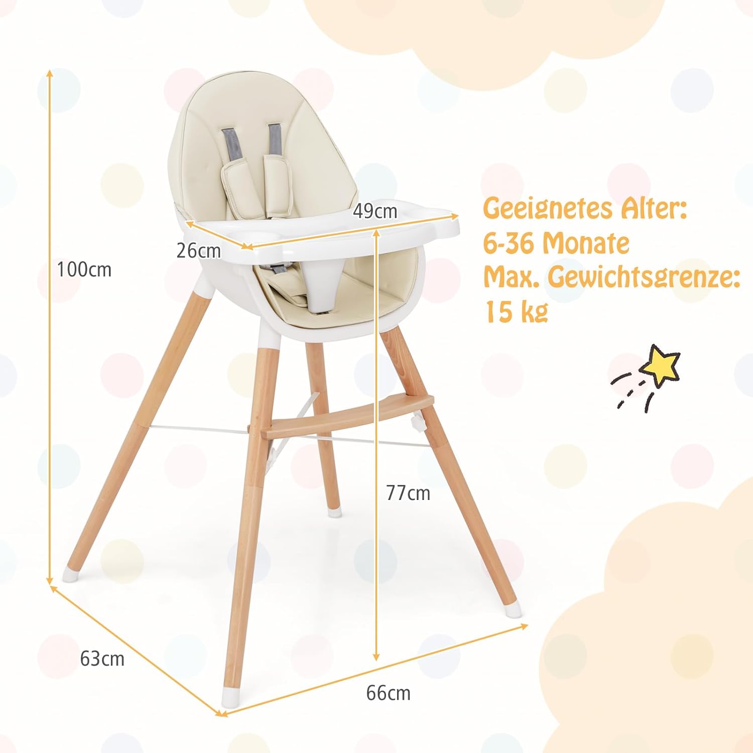 CLICKFUSION 2 in 1 Babyhochstuhl, Hochstuhl aus Buchenholz mit 5-Punkt-Sicherheitsgurt, abnehmbarem Doppeltablett & Sitzkissen, Babystuhl Kinderhochstuhl für 6-36 Monaten Baby, 15 kg Belastbar (Beige)