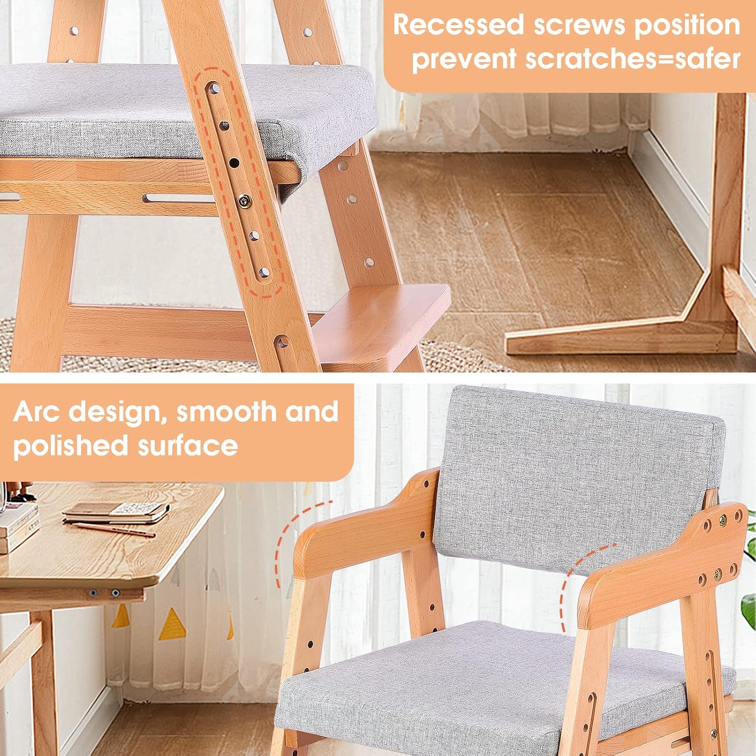 CLICKFUSION Hochstuhl, höhenverstellbarer Holzhochstuhl für kinder von 2 bis 12 Jahren Buchenholz Kinderstuhl, Lehrstuhl, Stabil & Sicher bis 90 kg für Kinder und Erwachsener (Natur)