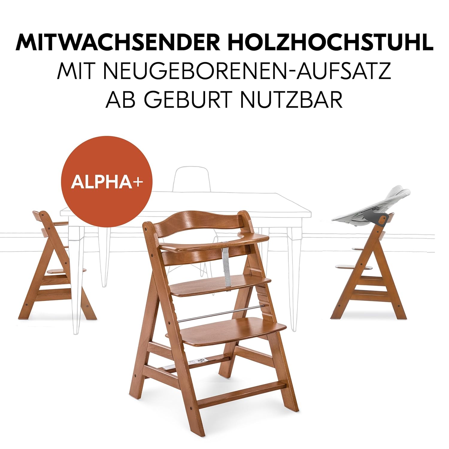 CLICKFUSION Alpha Plus Newborn Set mit Premium Bouncer Light Grey - Baby Holz Hochstuhl ab Geburt mit Liegefunktion - extra flacher Aufsatz für Neugeborene & Baumwoll Sitzpolster - Walnut