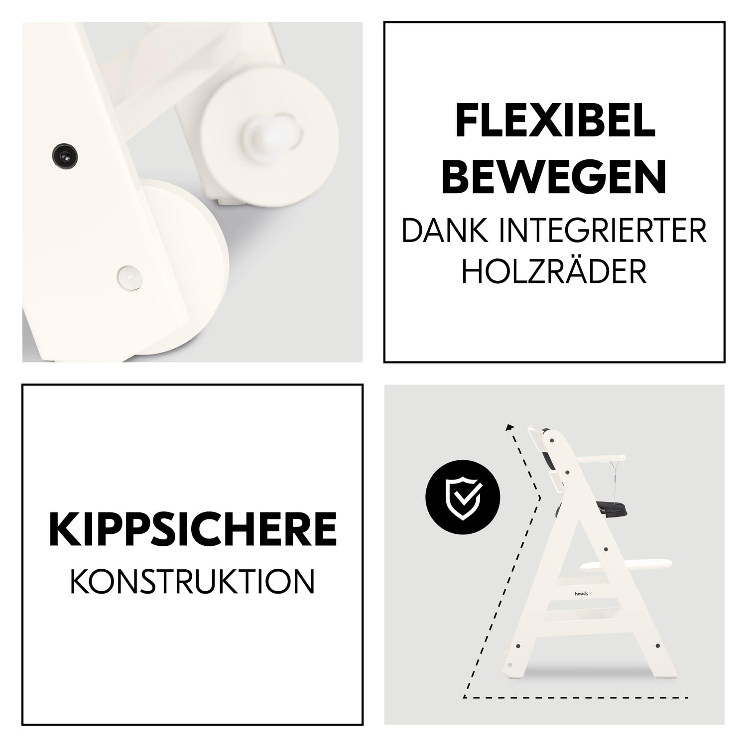 CLICKFUSION Kinder Hochstuhl Beta+, Mitwachsender Holz Babystuhl (FSC zertifiziert), Kinderhochstuhl ab 6 Monate mit Sitzkissen, Holz Essbrett und Schutzbügel, 5-Punkt-Gurt und Schrittgurt (White)