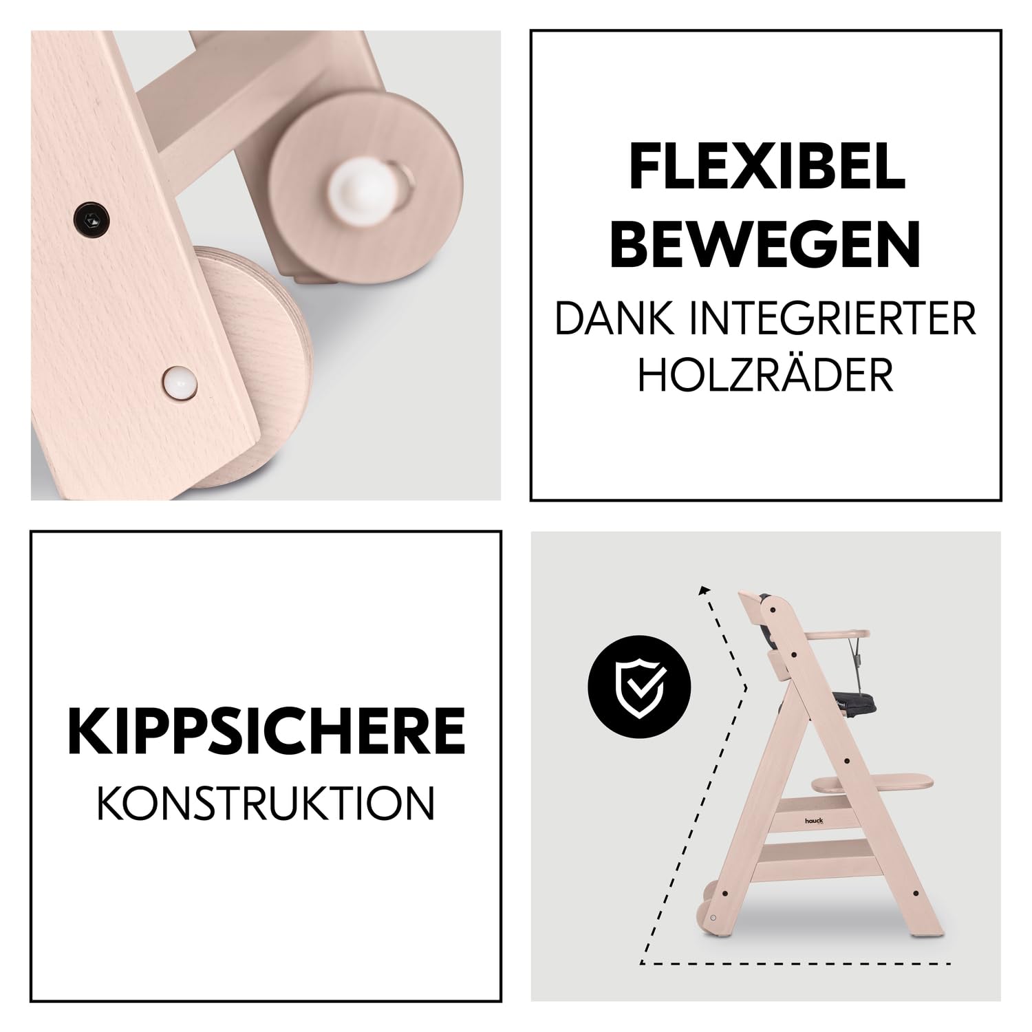 CLICKFUSION Kinder Hochstuhl Beta+, Mitwachsender Holz Babystuhl (FSC® zertifiziert), Kinderhochstuhl ab 6 Monate mit Sitzkissen, Holz Essbrett und Schutzbügel, 5-Punkt-Gurt und Schrittgurt (Whitewashed)