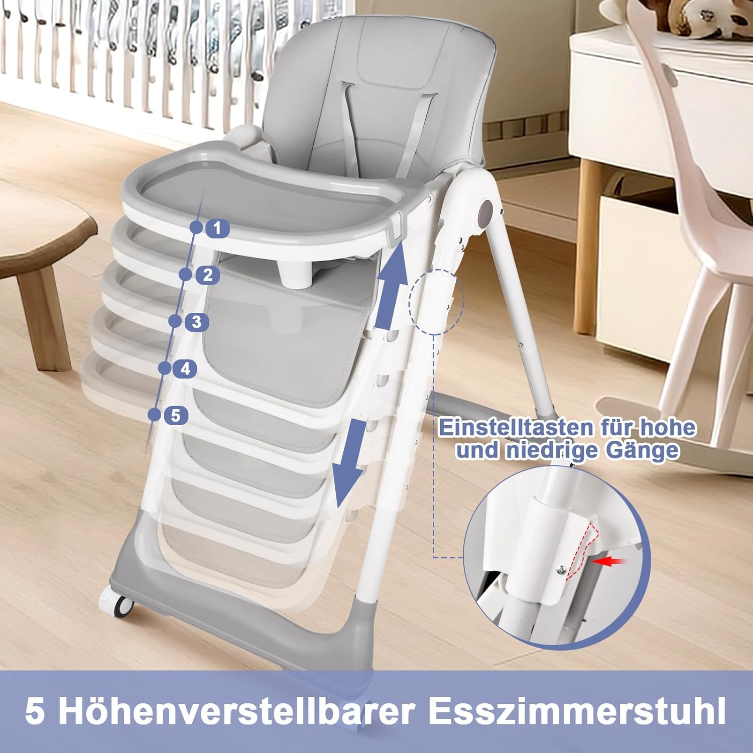 CLICKFUSION Hochstuhl Baby, Kinderhochstuhl mit Babyliege, Verstellbar Klappbar Hochstuhl Baby mit Essbrett und Rollen,Korb, mitwachsend ab 6 Monate bis 6 Jahre Babystuhl