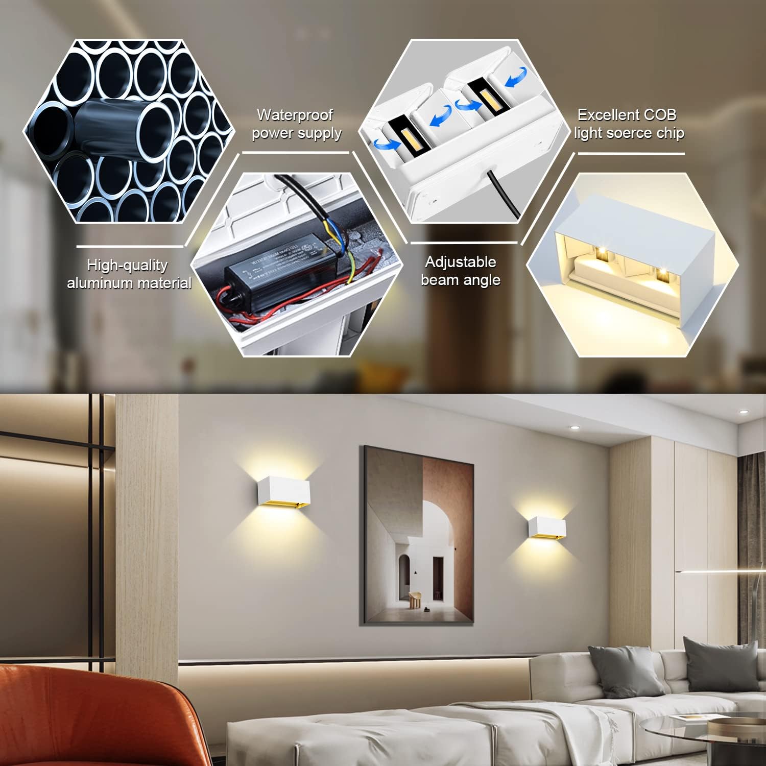 CLICKFUSION 20 W LED Wall Light Indoor / Outdoor, 2 Pieces Outdoor Lights, 3000 K Warm White LED Outdoor Light, Rectangular Adjustable Beam Angle, Up Down Wall Lights, IP65 Waterproof (White)